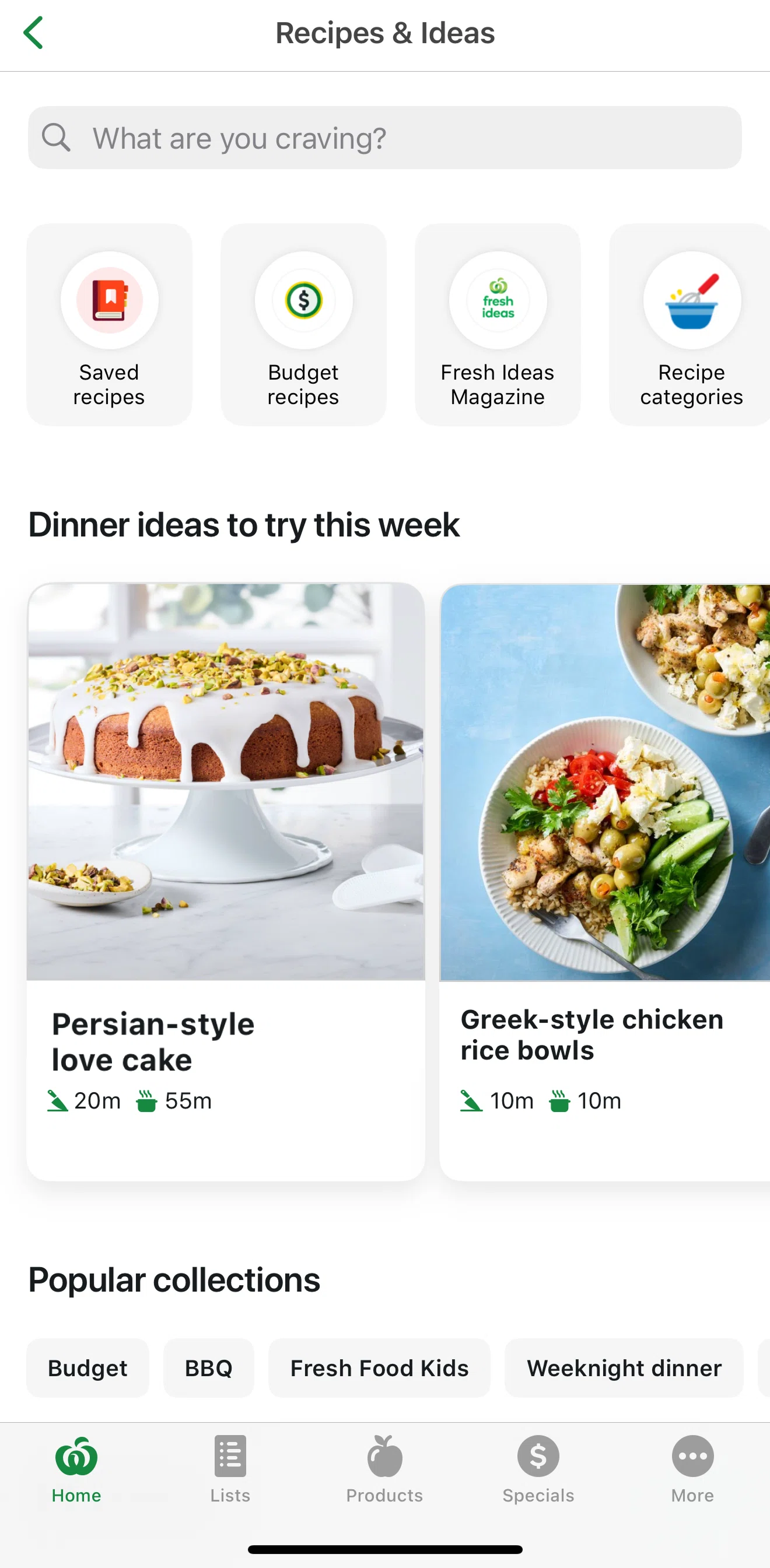 Woolworths Screen screen in the Recipe categories flow