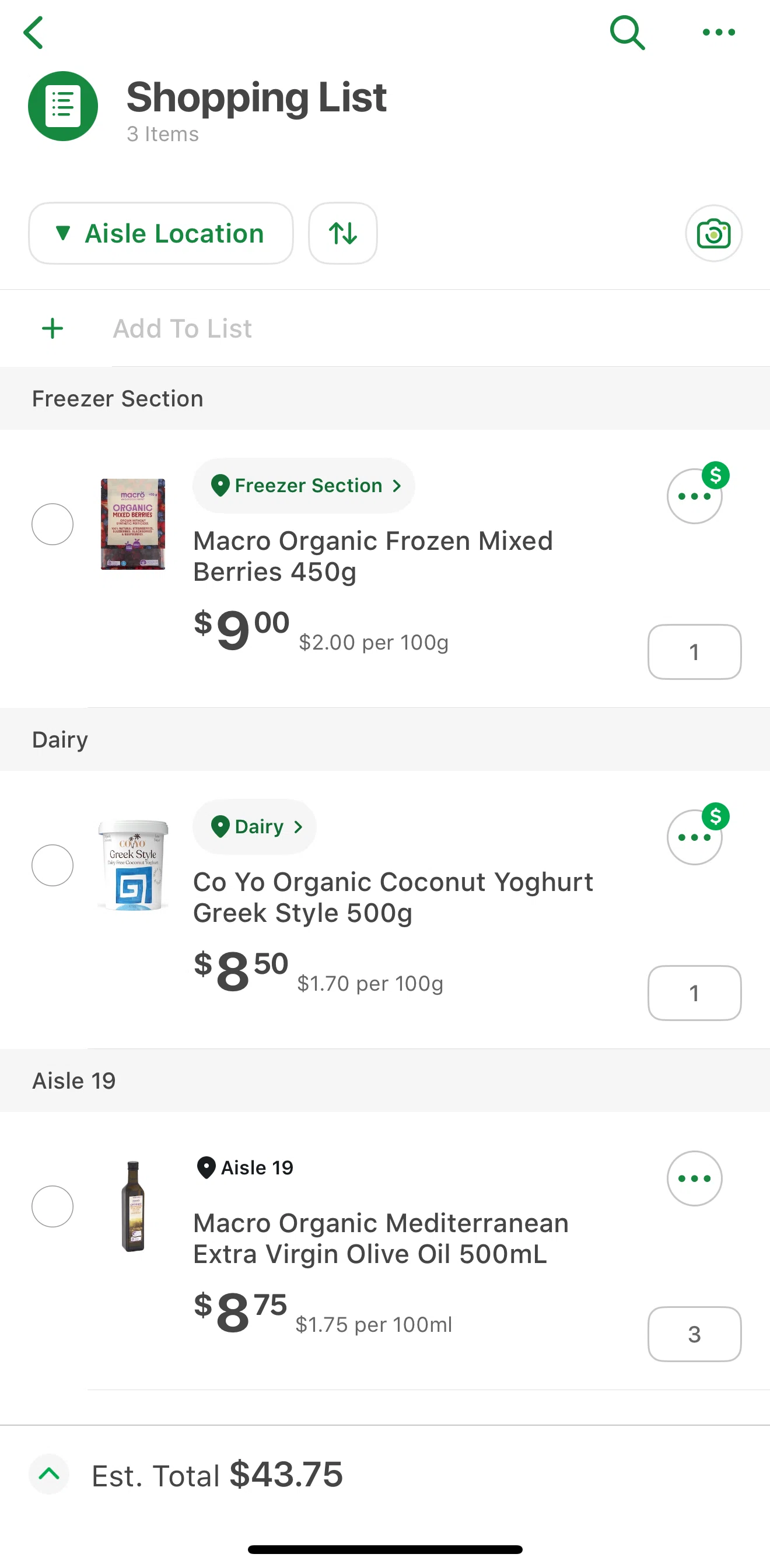 Woolworths Screen screen in the Sorting list flow