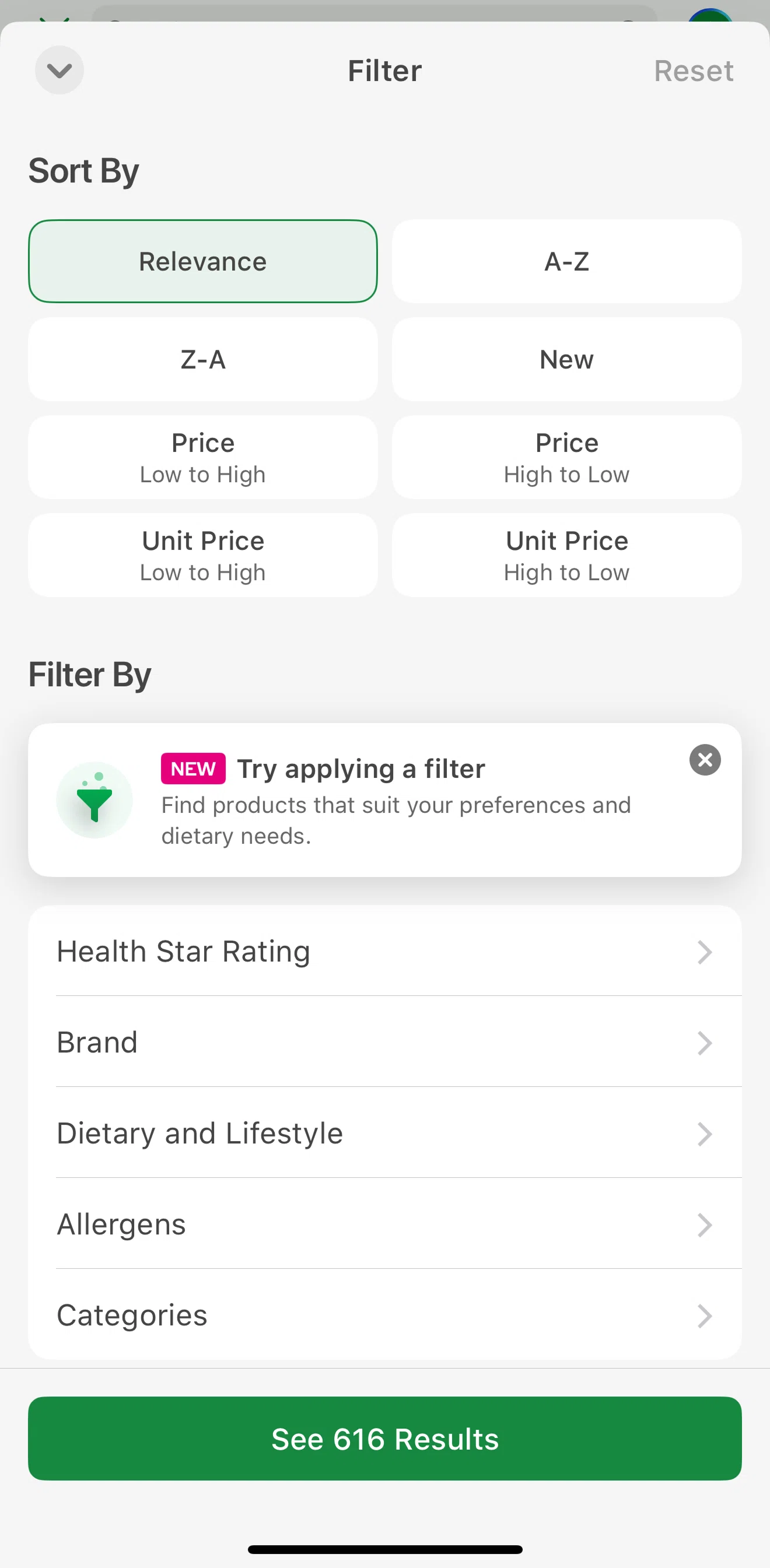 Woolworths Screen screen in the Switching to list view flow