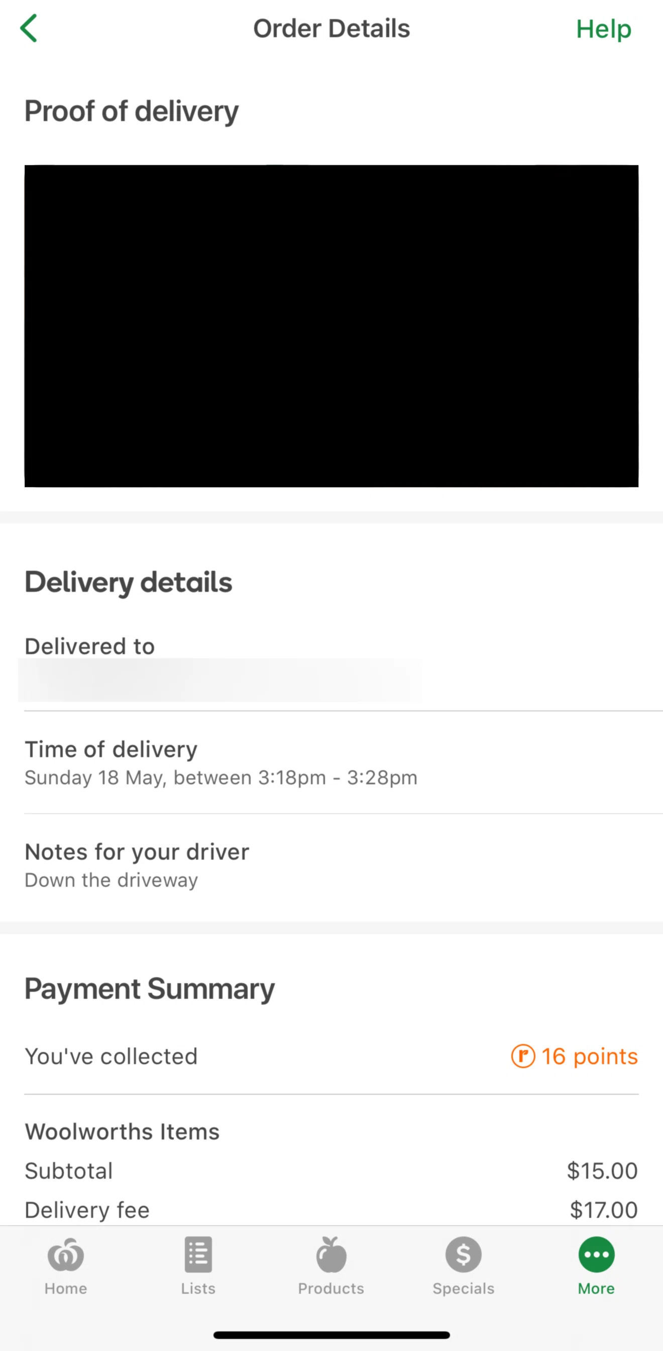 Woolworths Screen screen in the View delivery proof flow