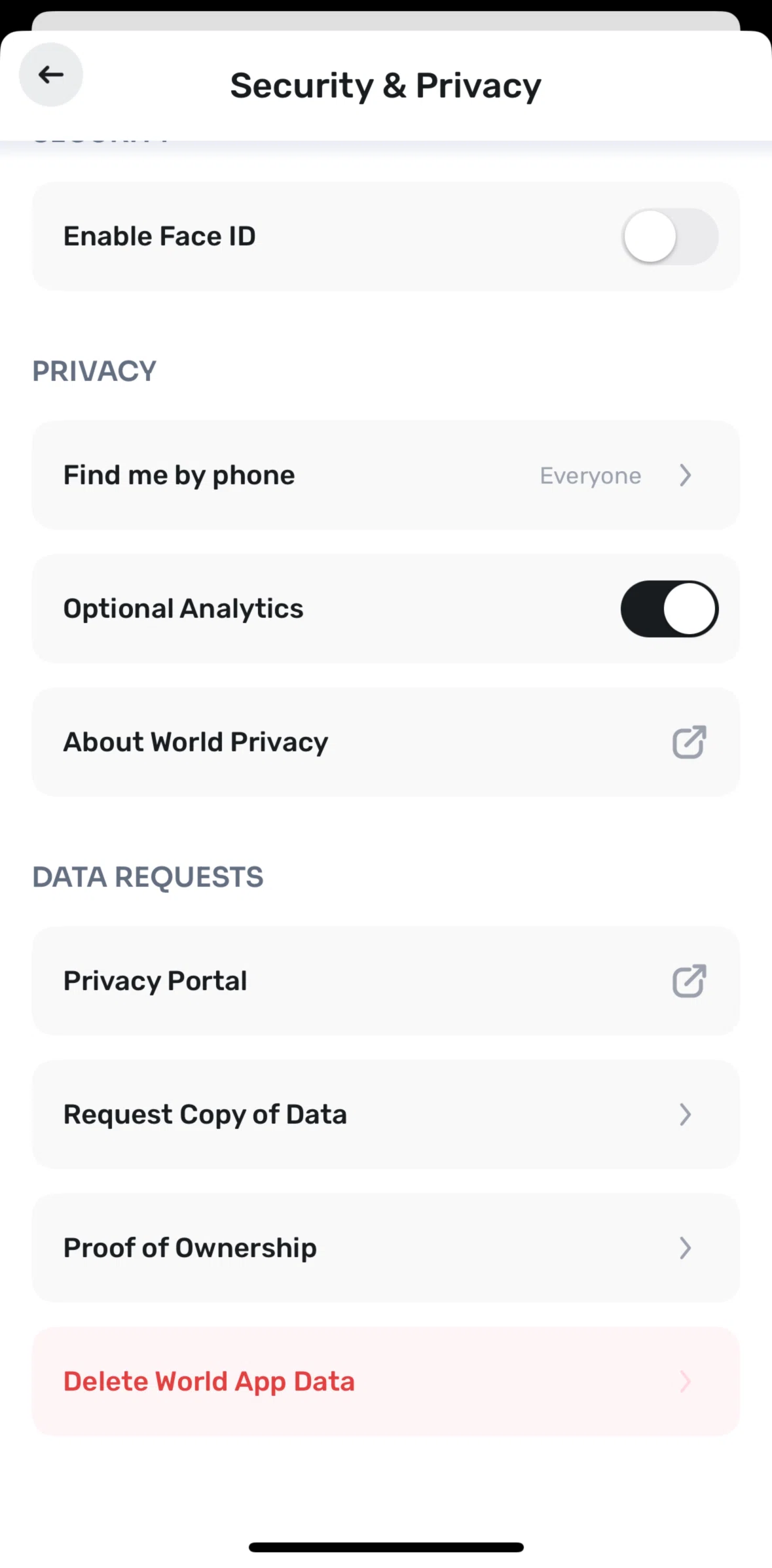 World App Screen screen in the Deleting World App data flow