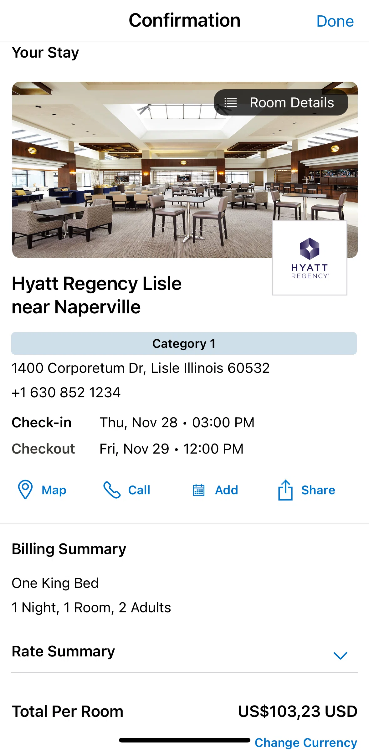 World of Hyatt Screen screen in the Adding stay to calendar flow