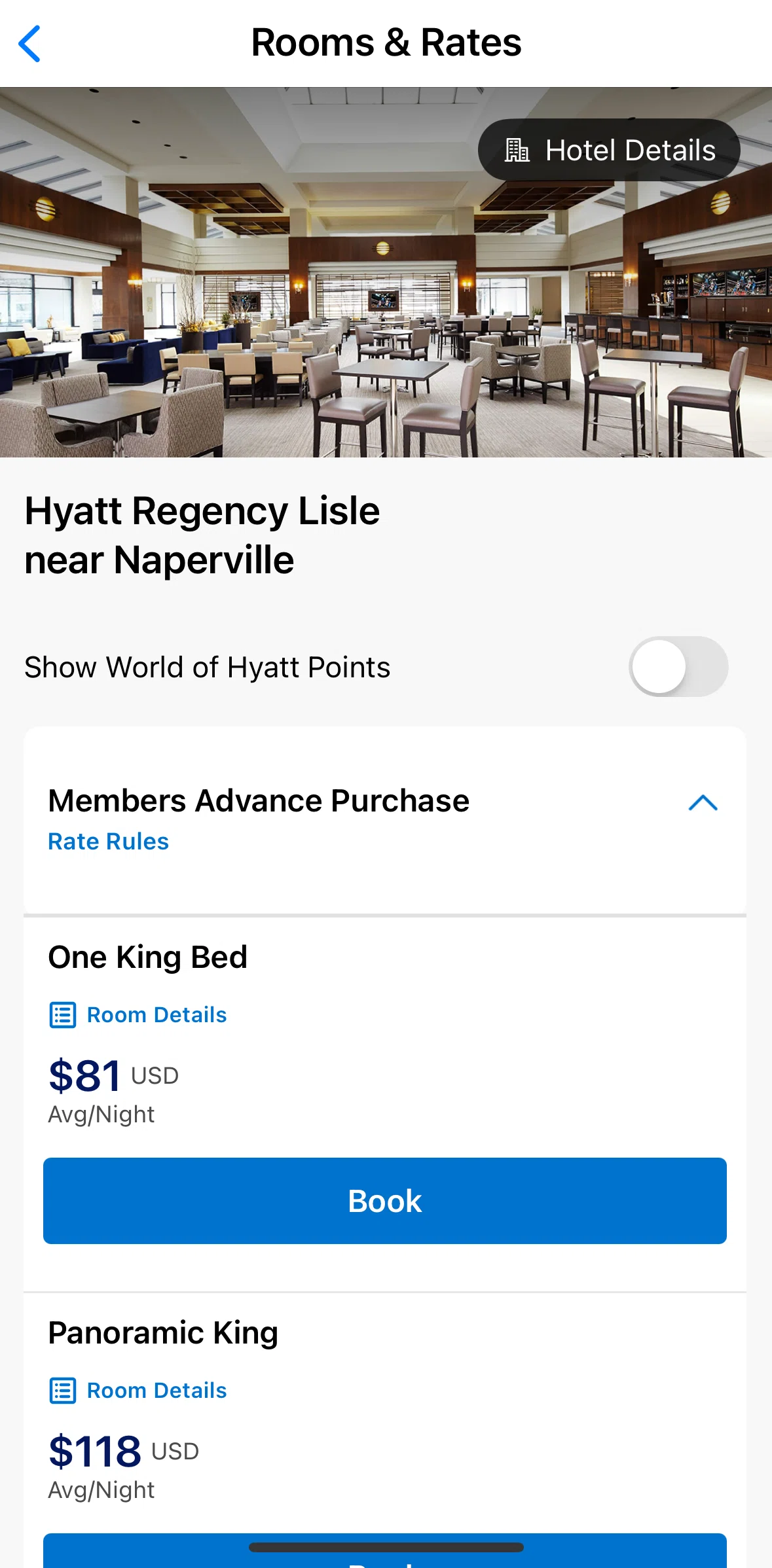 World of Hyatt Screen screen in the Booking a hotel flow
