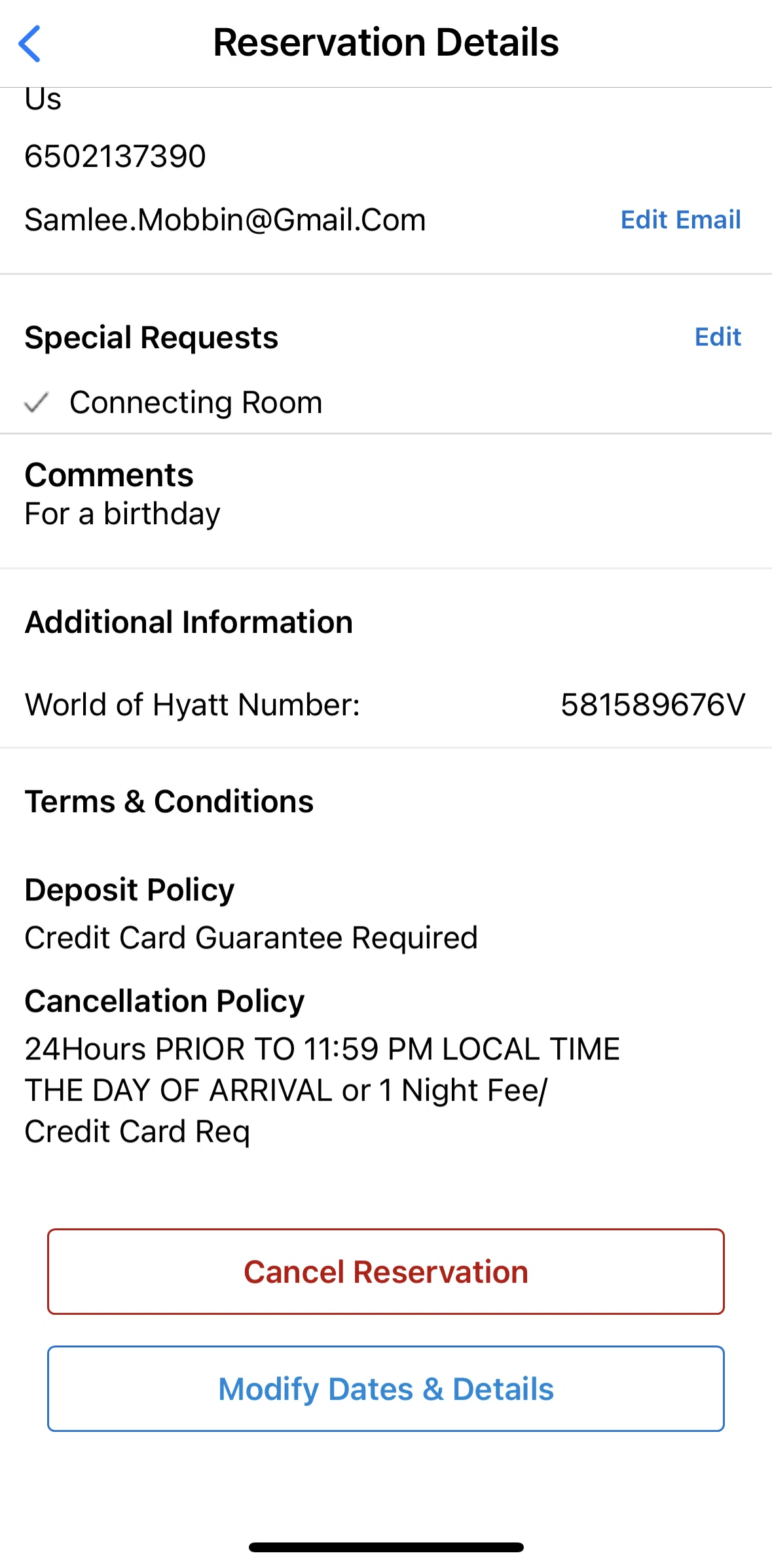 World of Hyatt Screen screen in the Cancelling a reservation flow