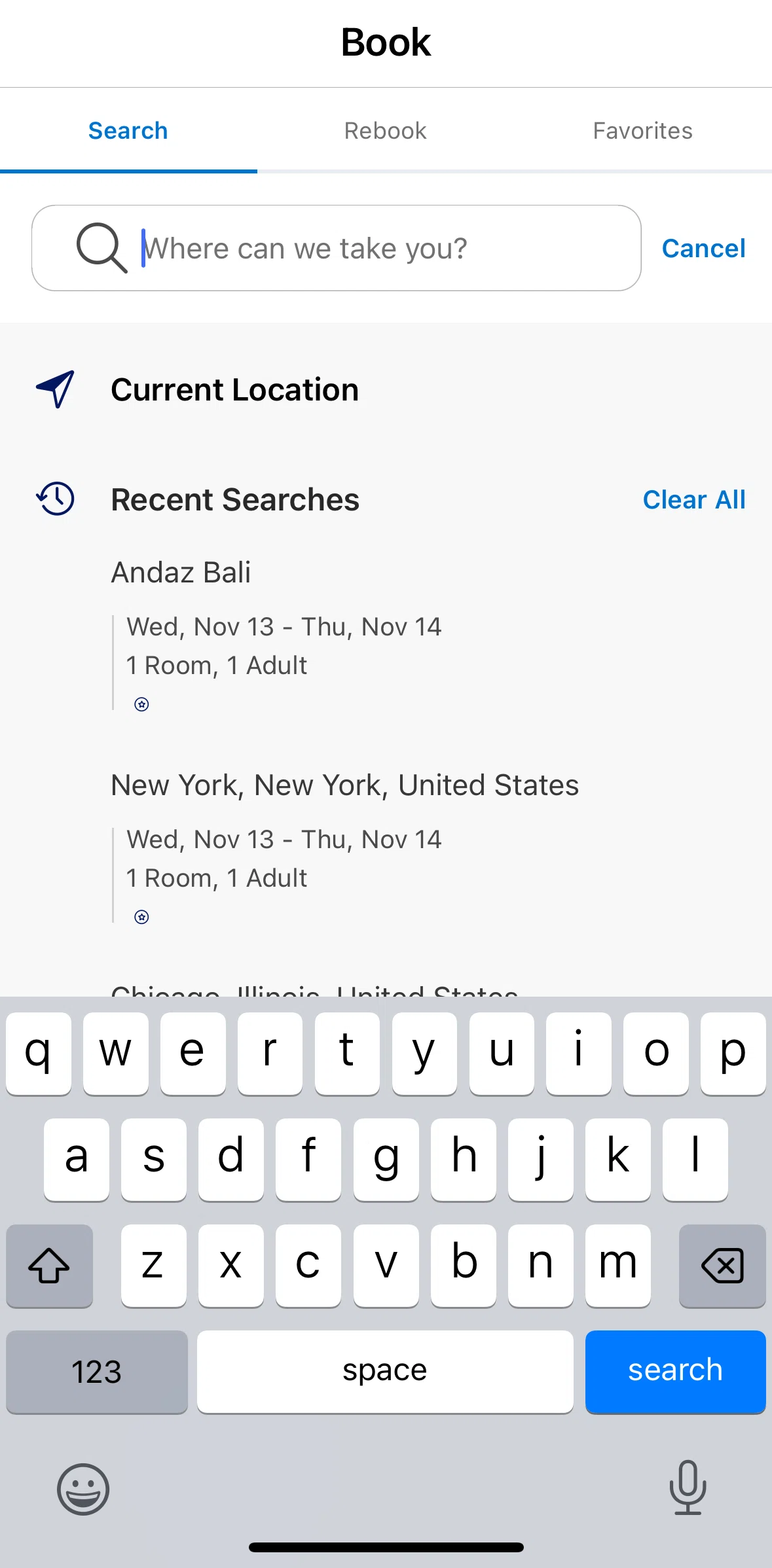 World of Hyatt Screen screen in the Clearing search history flow