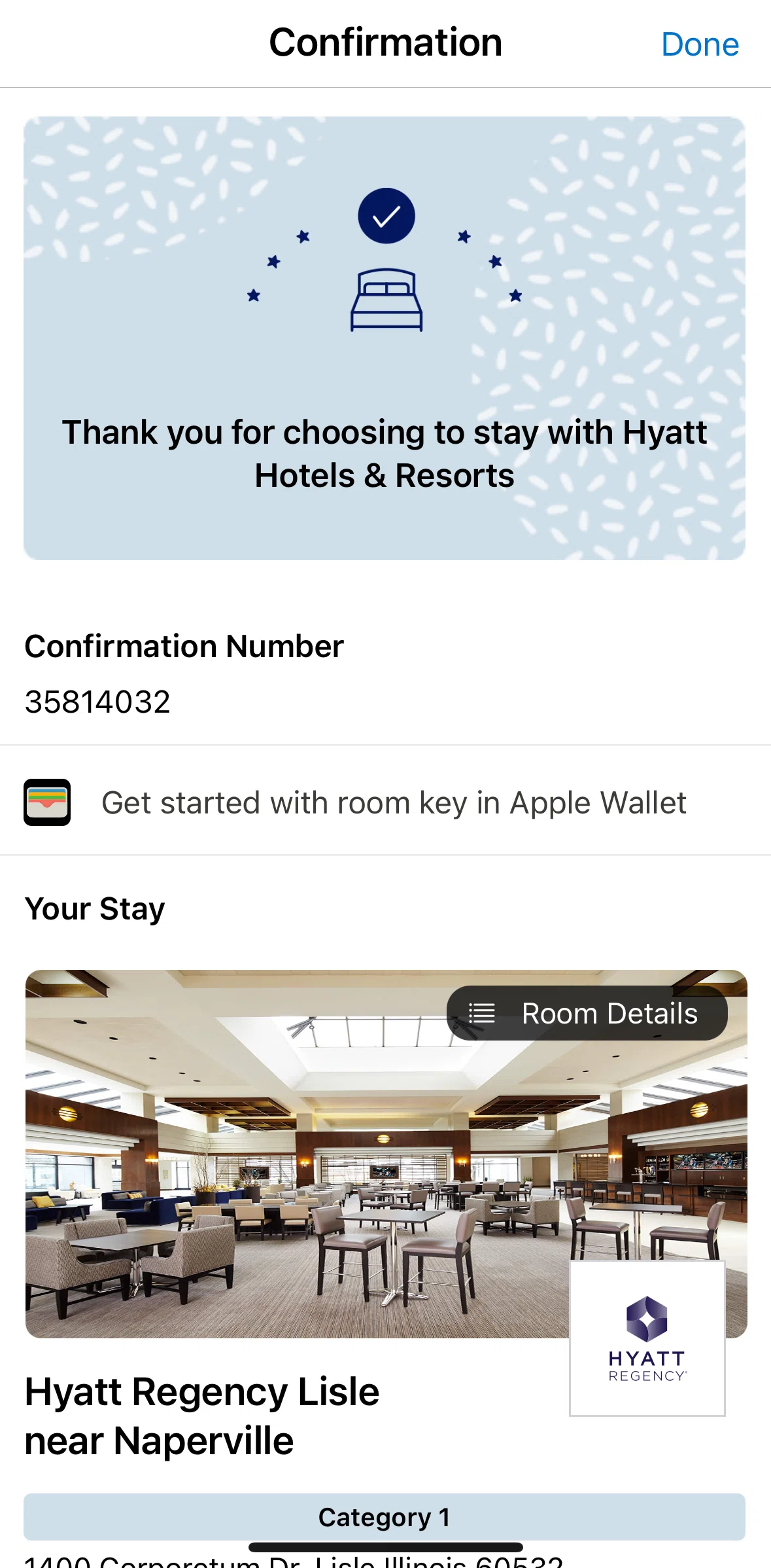 World of Hyatt Screen screen in the Confirmation detail flow