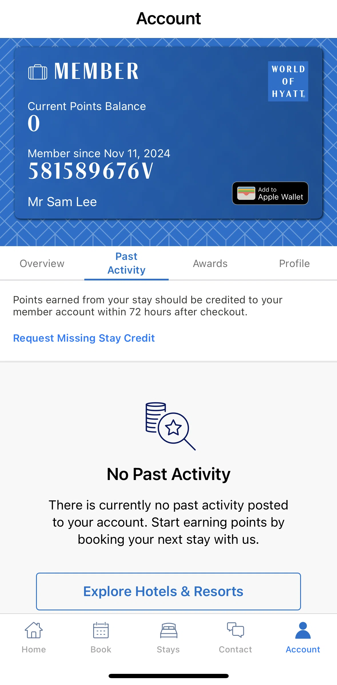 World of Hyatt Screen screen in the Requesting missing stay credit flow