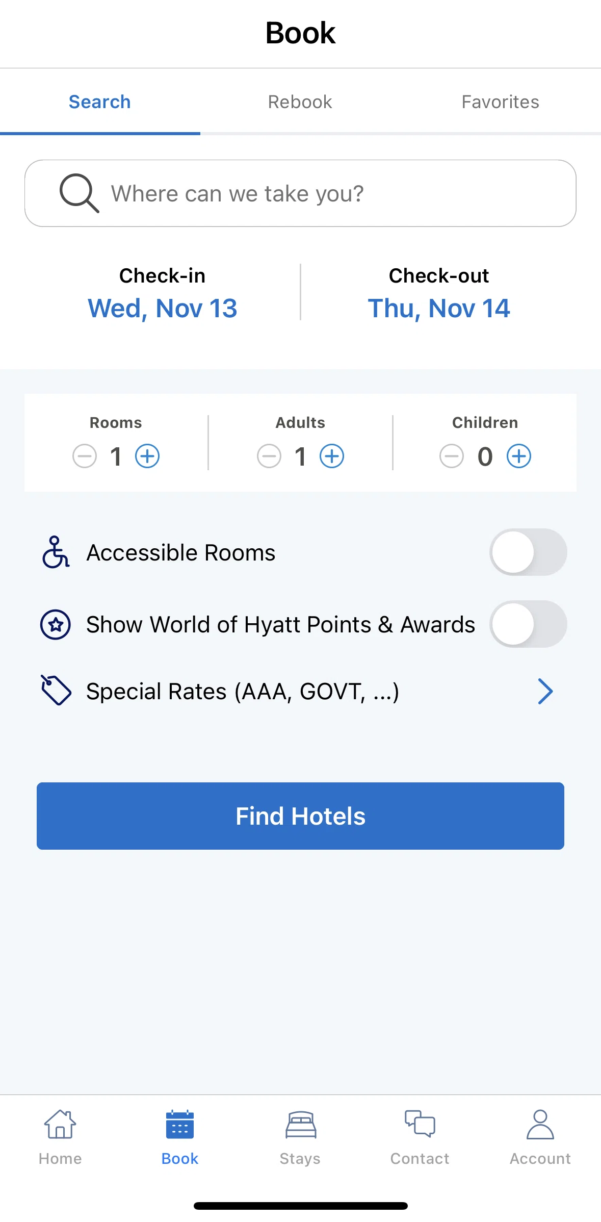 World of Hyatt Screen screen in the Searching a hotel flow