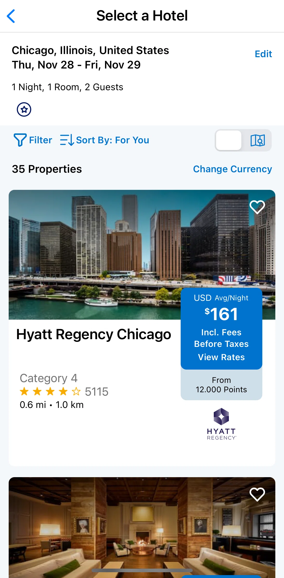 World of Hyatt Screen screen in the Sorting search results flow