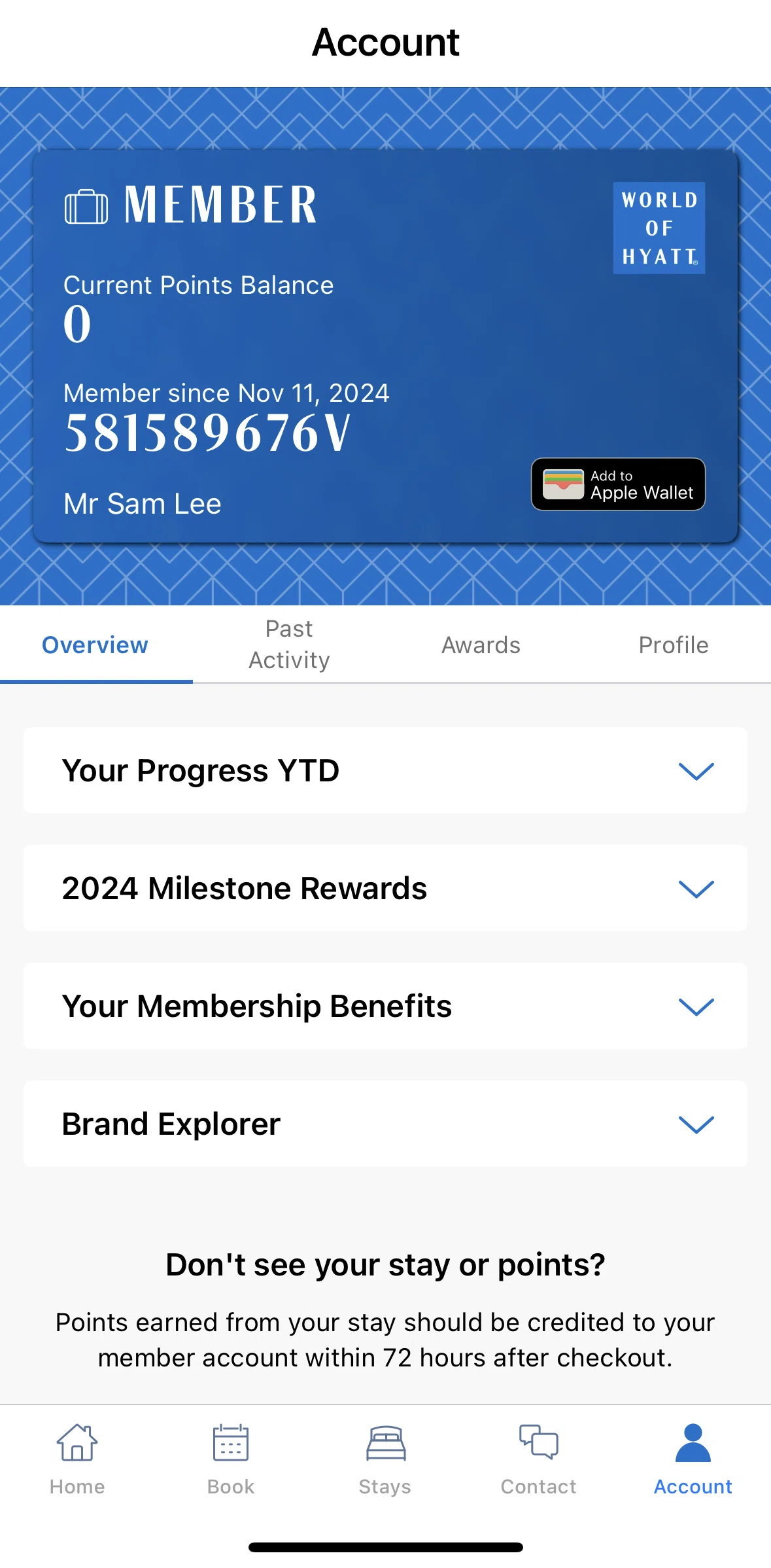 World of Hyatt Screen screen in the View account overview flow