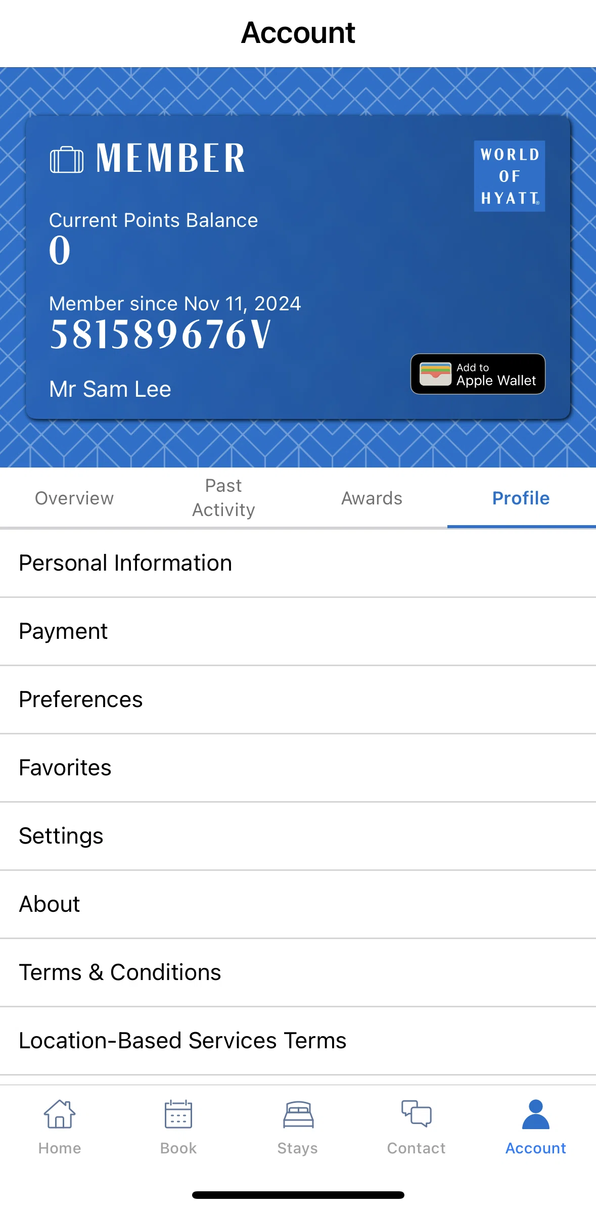 World of Hyatt Screen screen in the View personal information flow