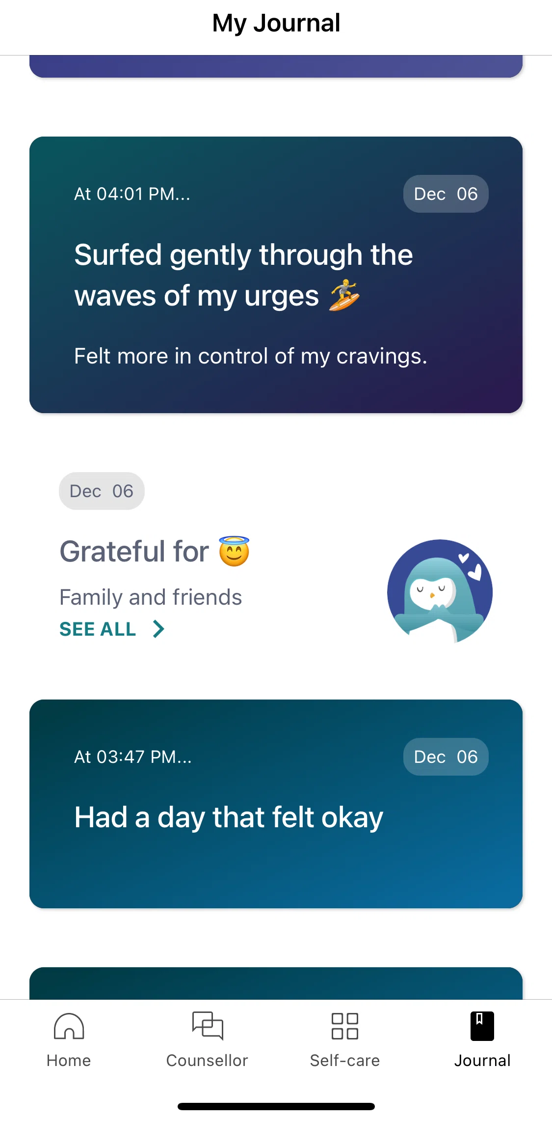 Wysa Screen screen in the See all gratitude notes flow