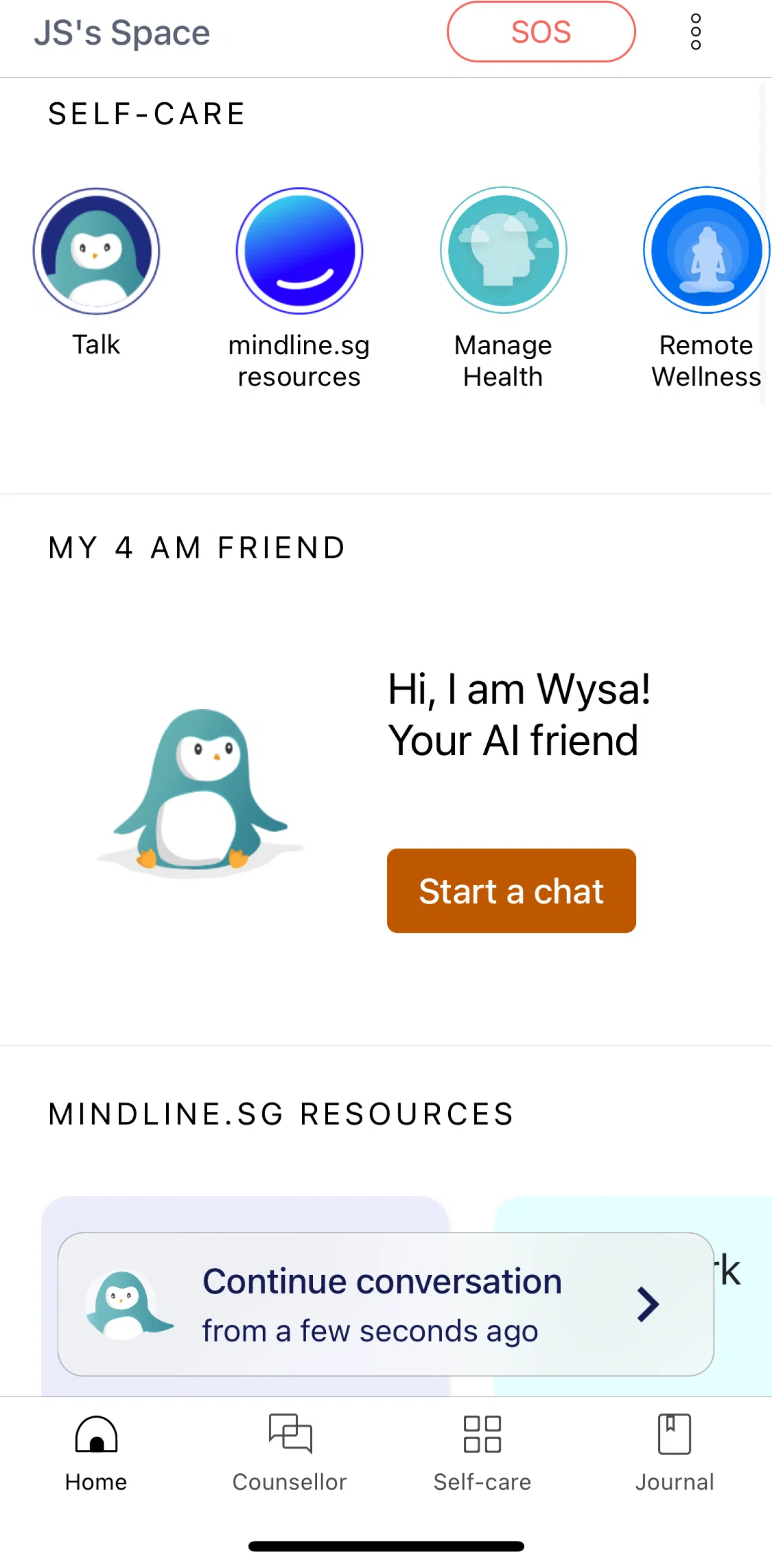 Wysa Screen screen in the SOS flow