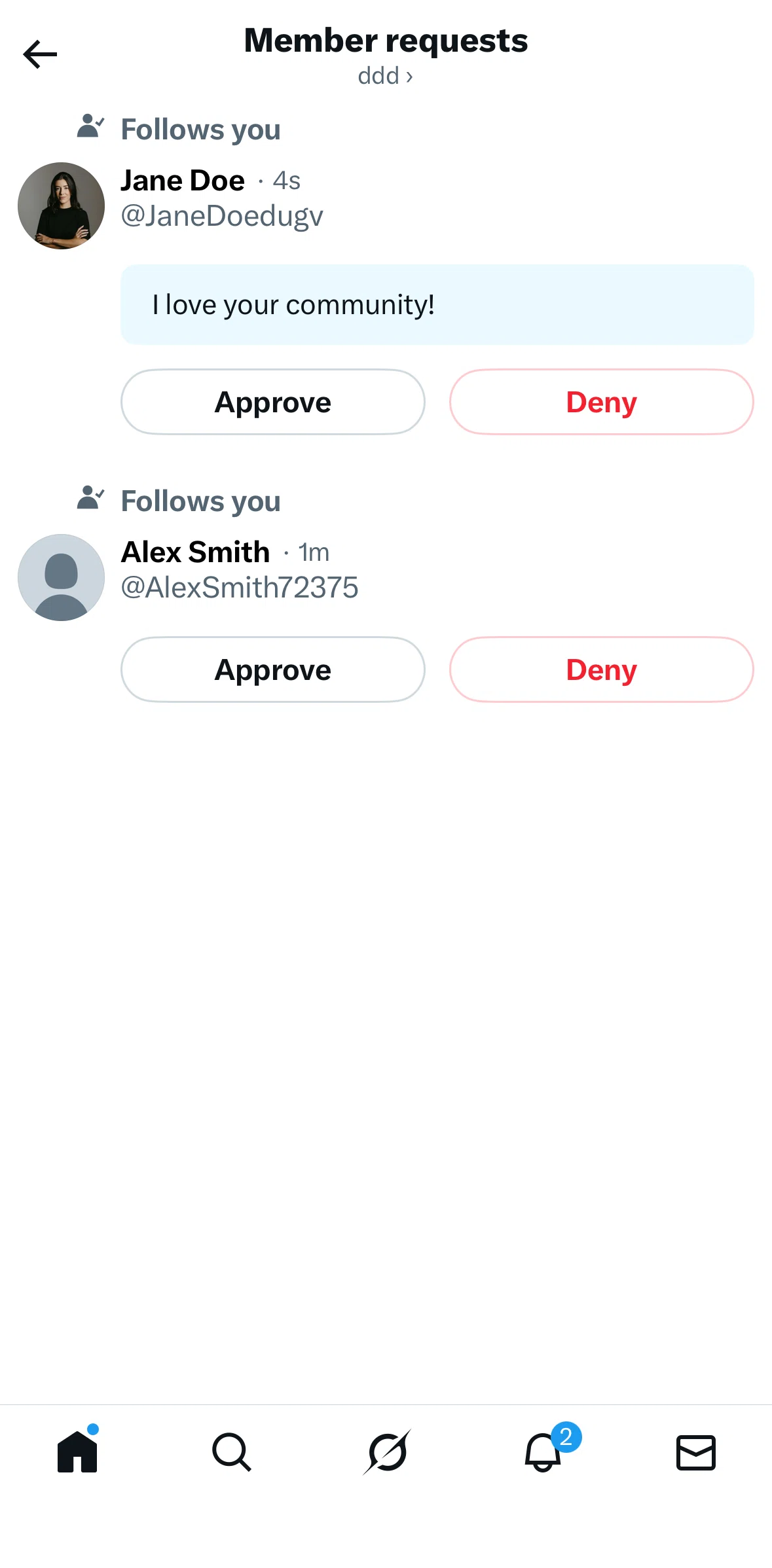 X Screen screen in the Accepting a member request flow