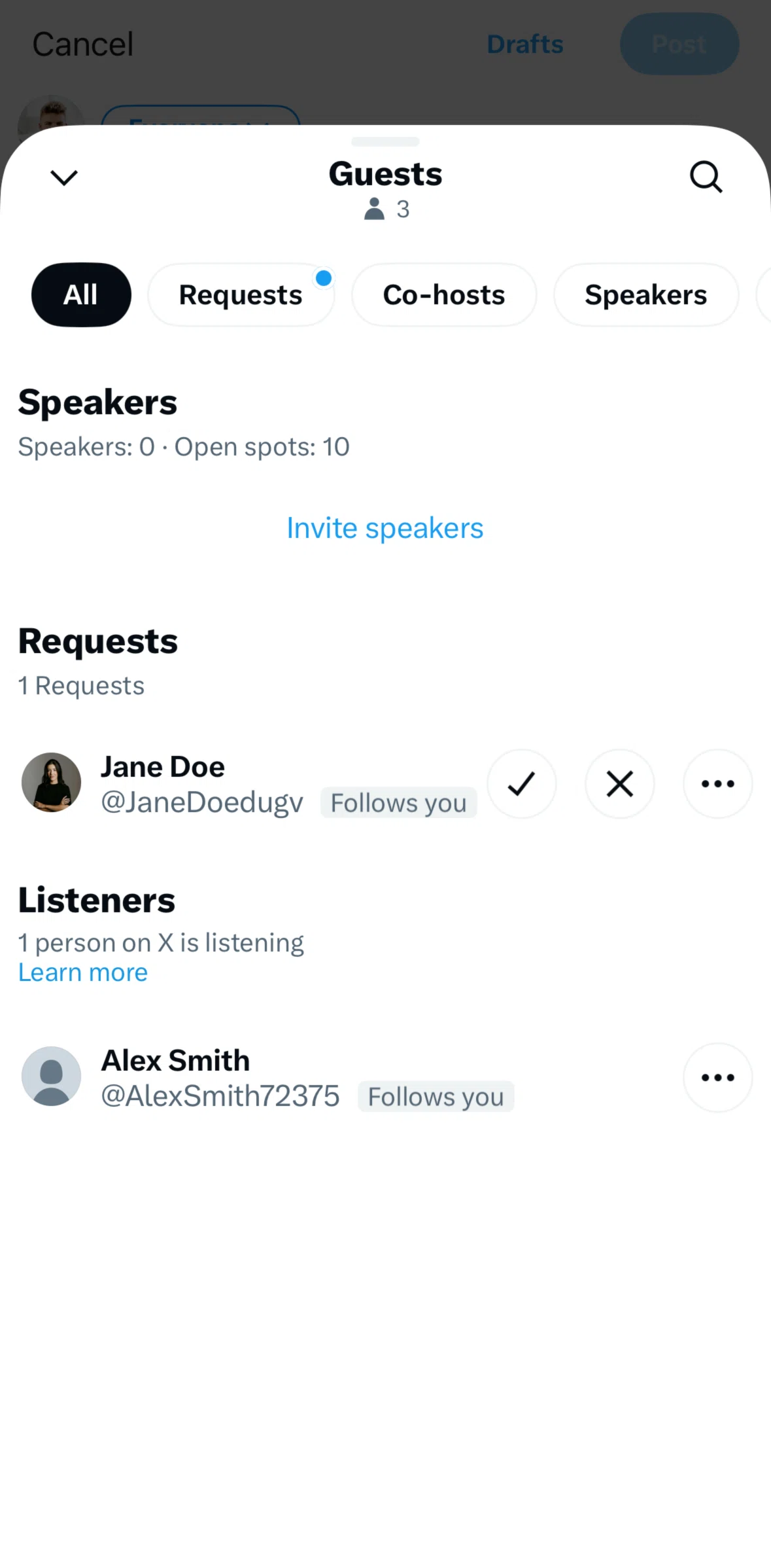 X Screen screen in the Accepting a speaker request flow
