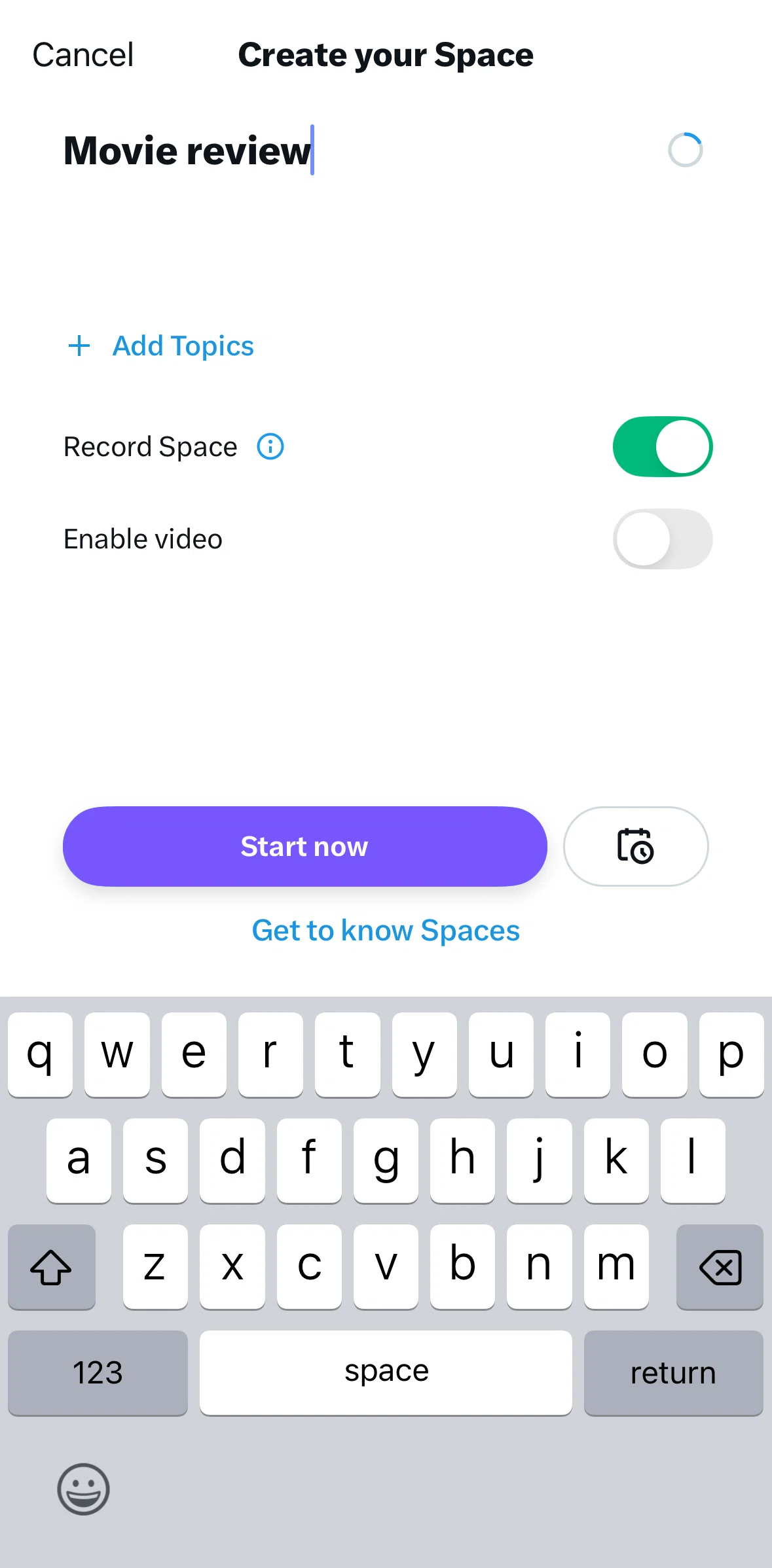 X Screen screen in the Adding topics flow