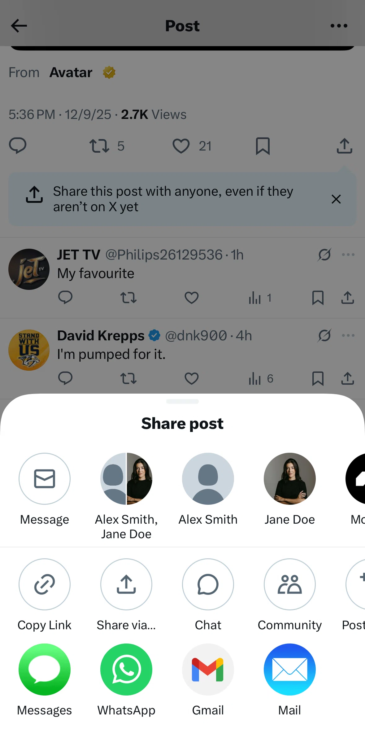 X Screen screen in the Copying a link flow
