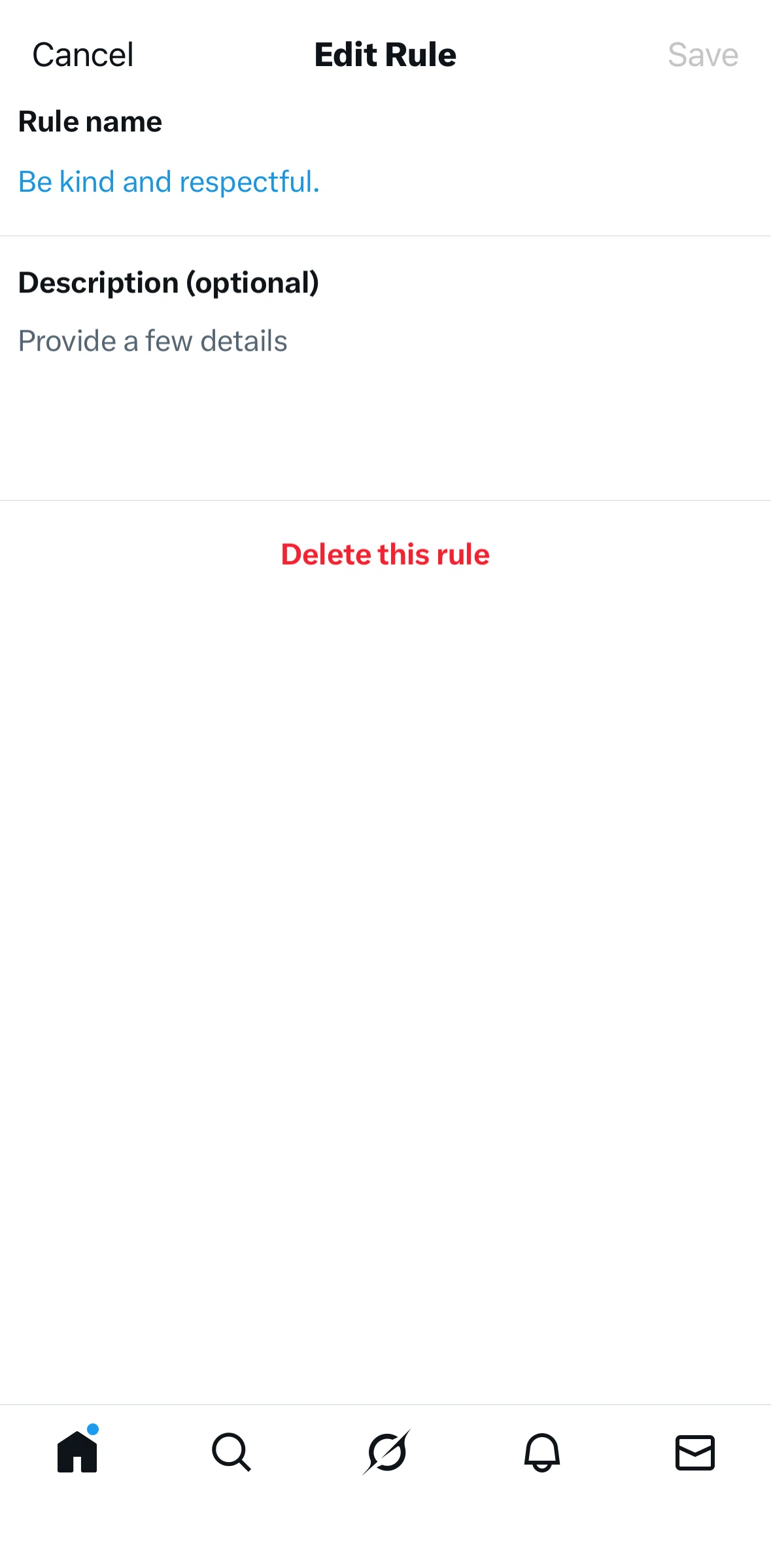X Screen screen in the Deleting a rule flow