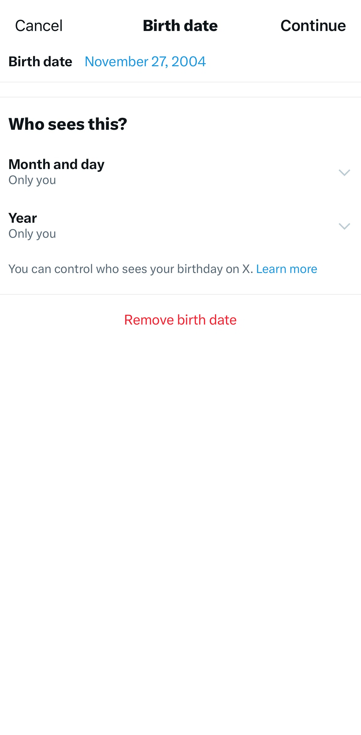 X Screen screen in the Editing birth date settings flow