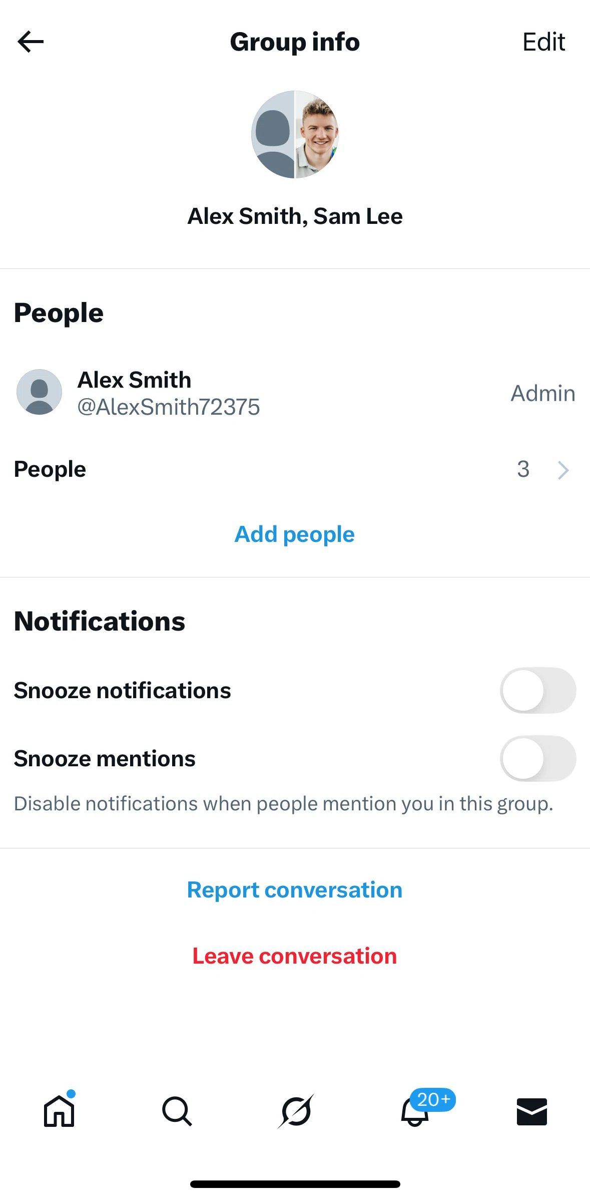 X Screen screen in the Editing group info flow