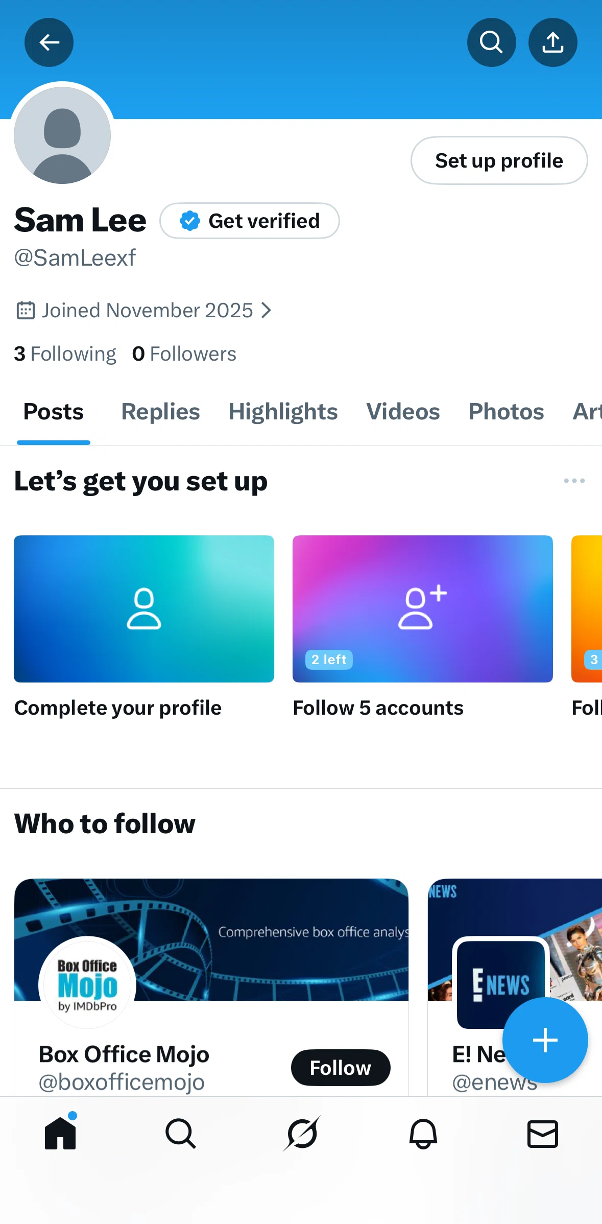 X Screen screen in the Following accounts (set up) flow