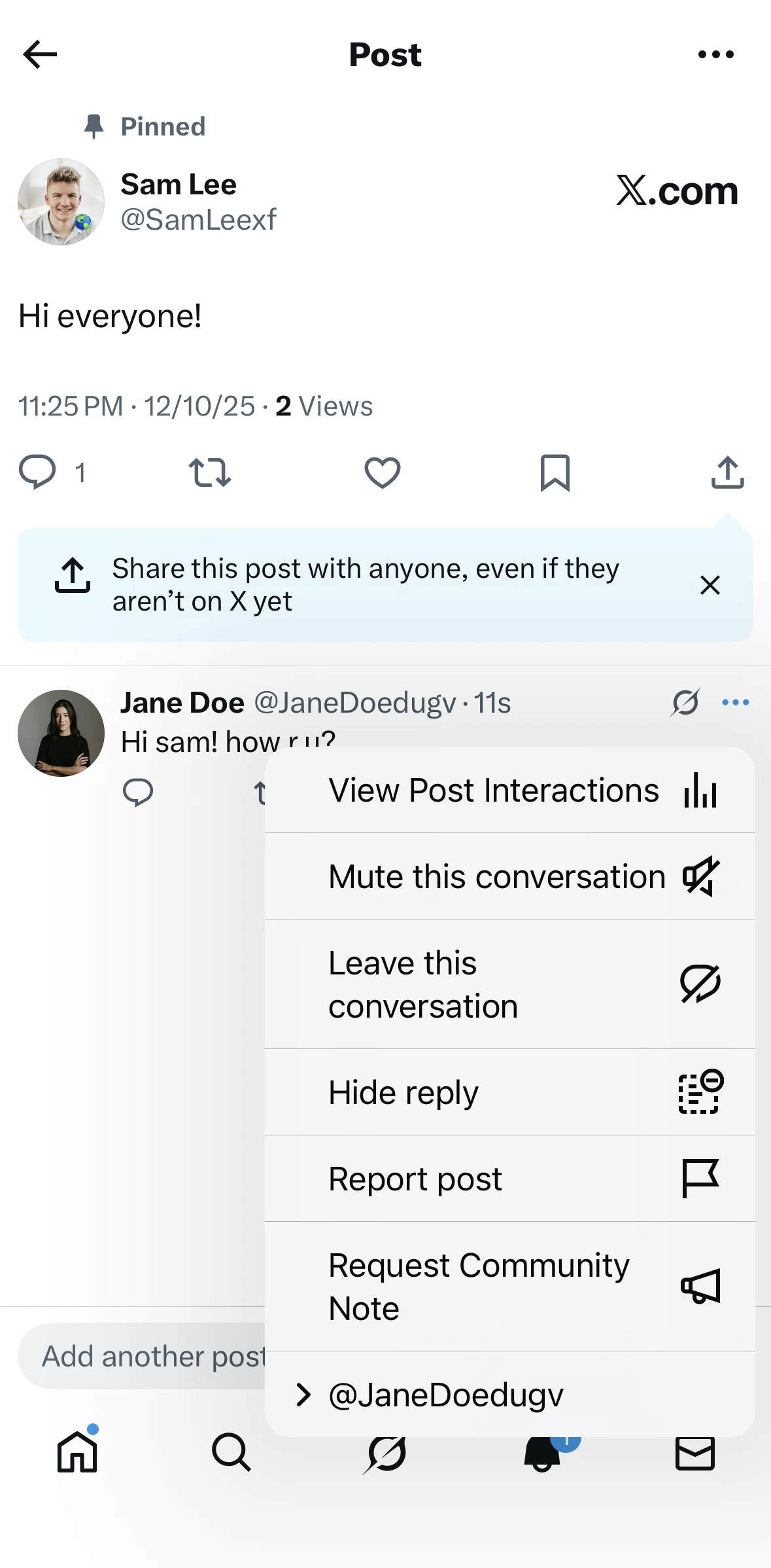 X Screen screen in the Hiding a reply flow