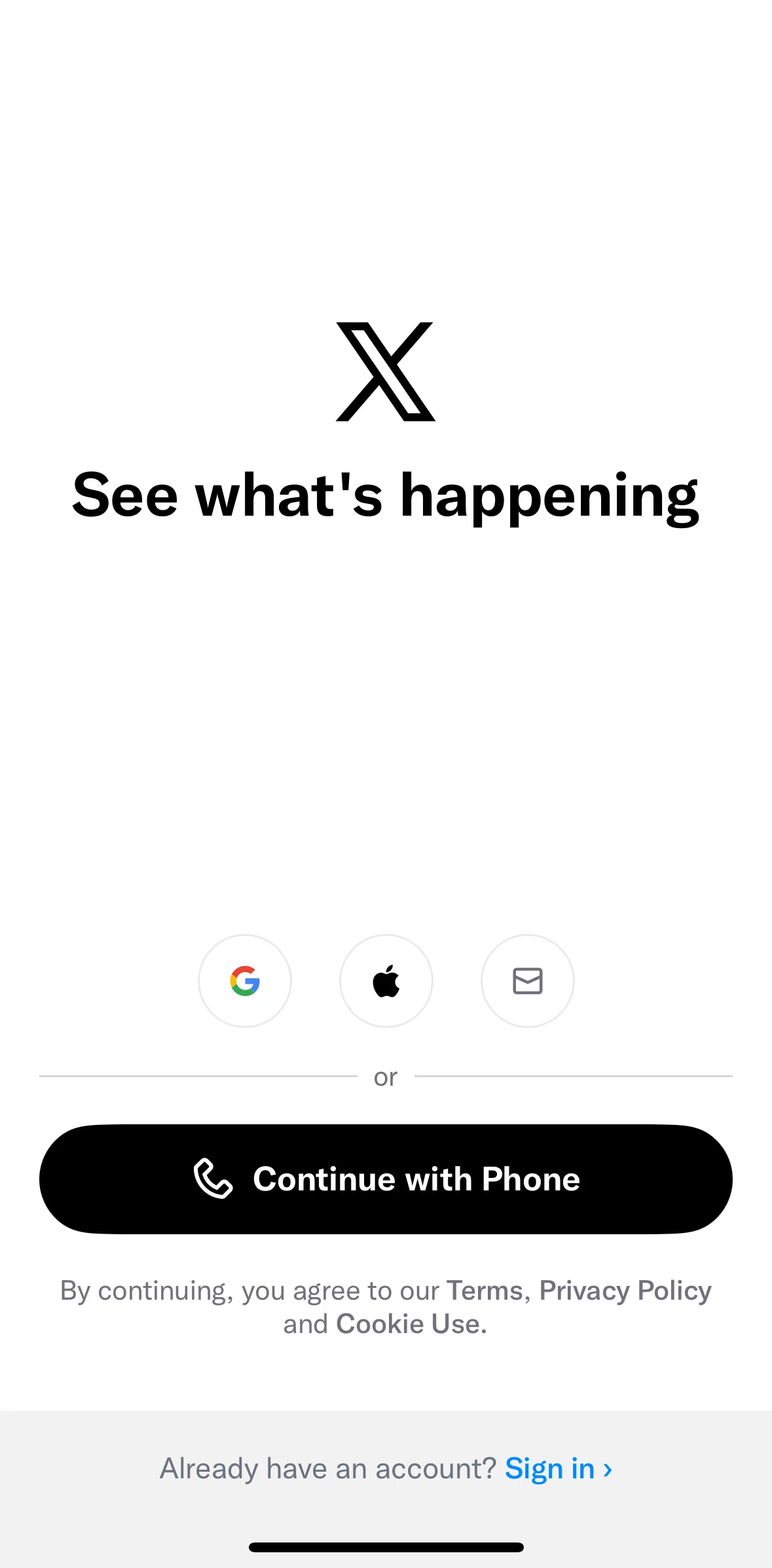 X Screen screen in the Logging in flow