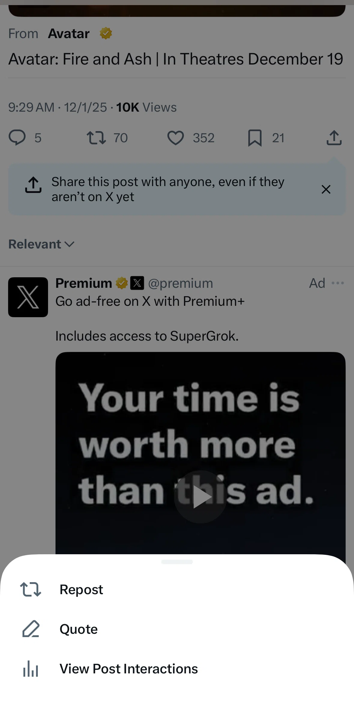 X Screen screen in the Post activity flow