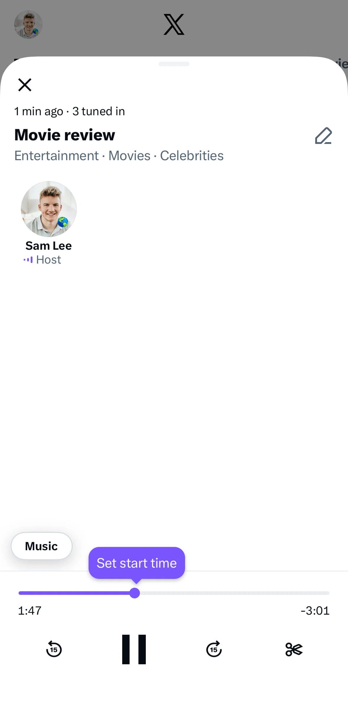 X Screen screen in the Publishing a clip flow