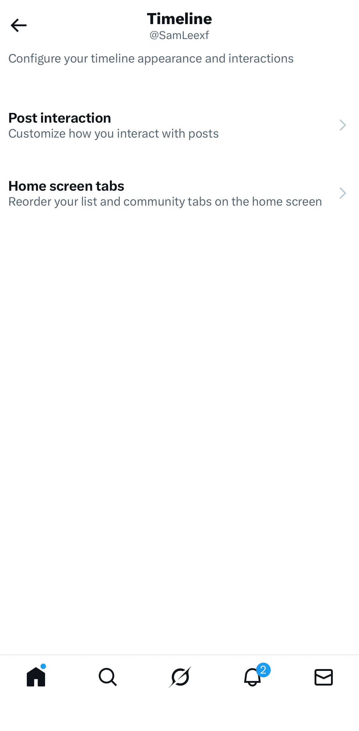 X Screen screen in the Reordering home screen tabs flow