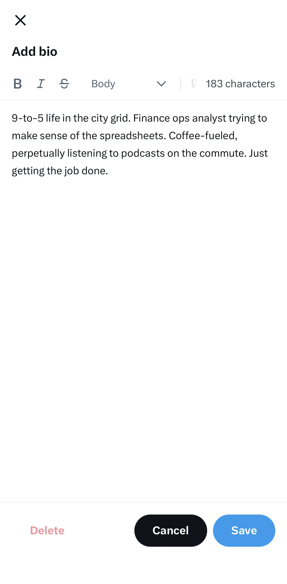 X Screen screen in the Styling text flow