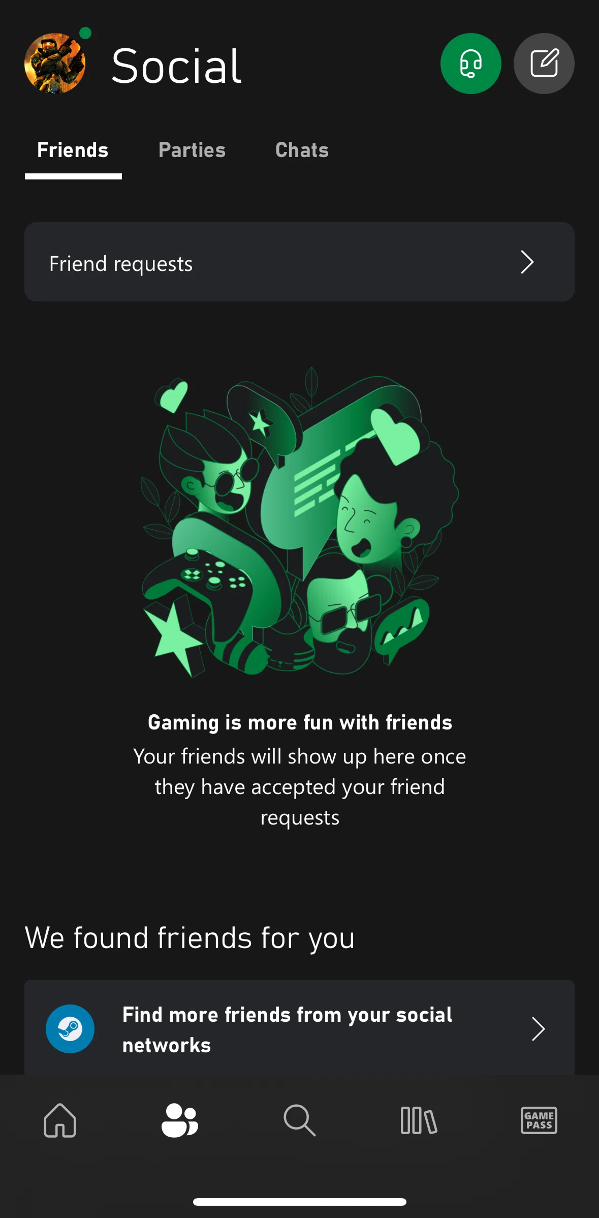 Xbox Screen screen in the Adding people to a party flow