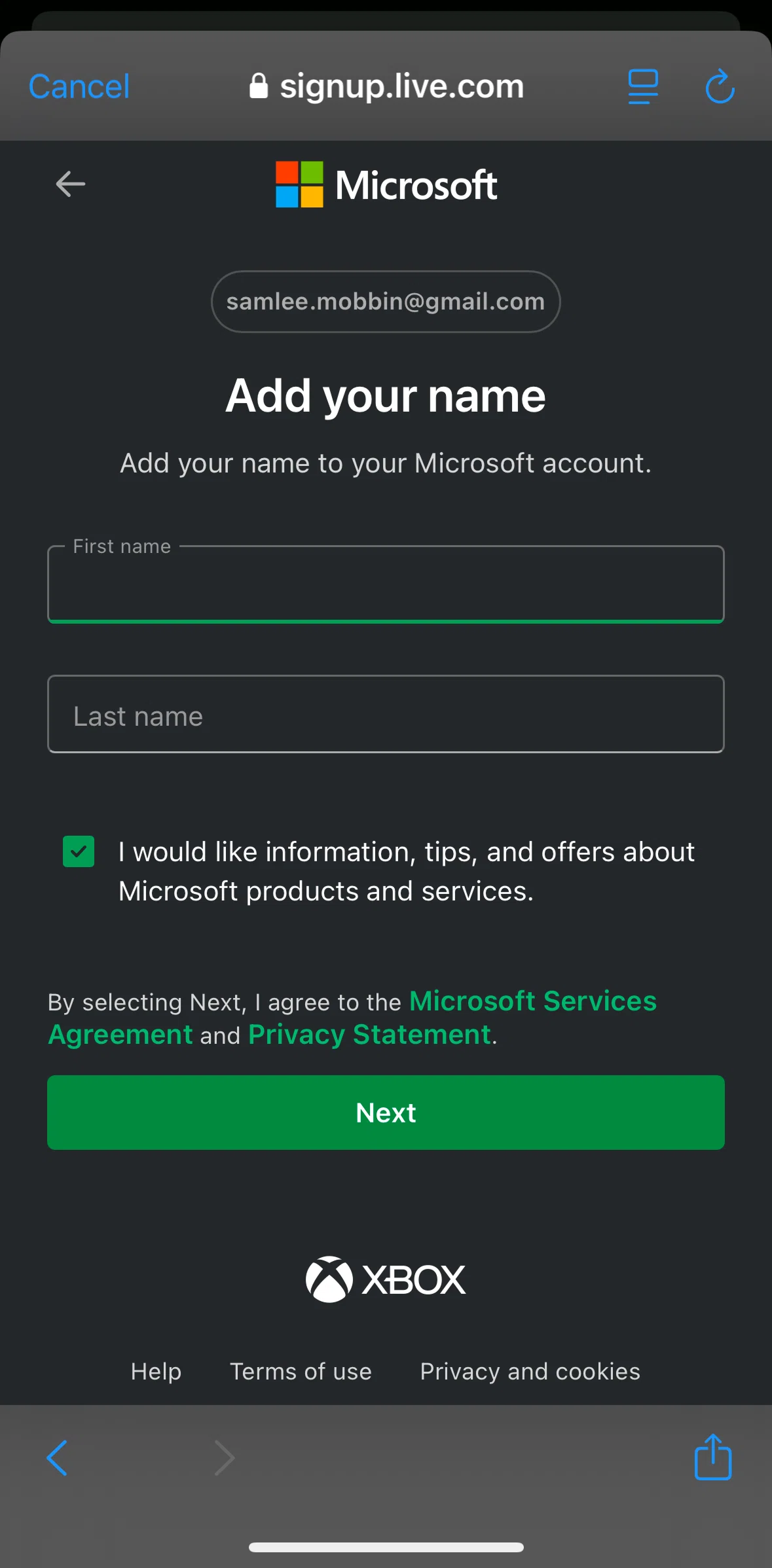 Xbox Screen screen in the Completing a profile flow