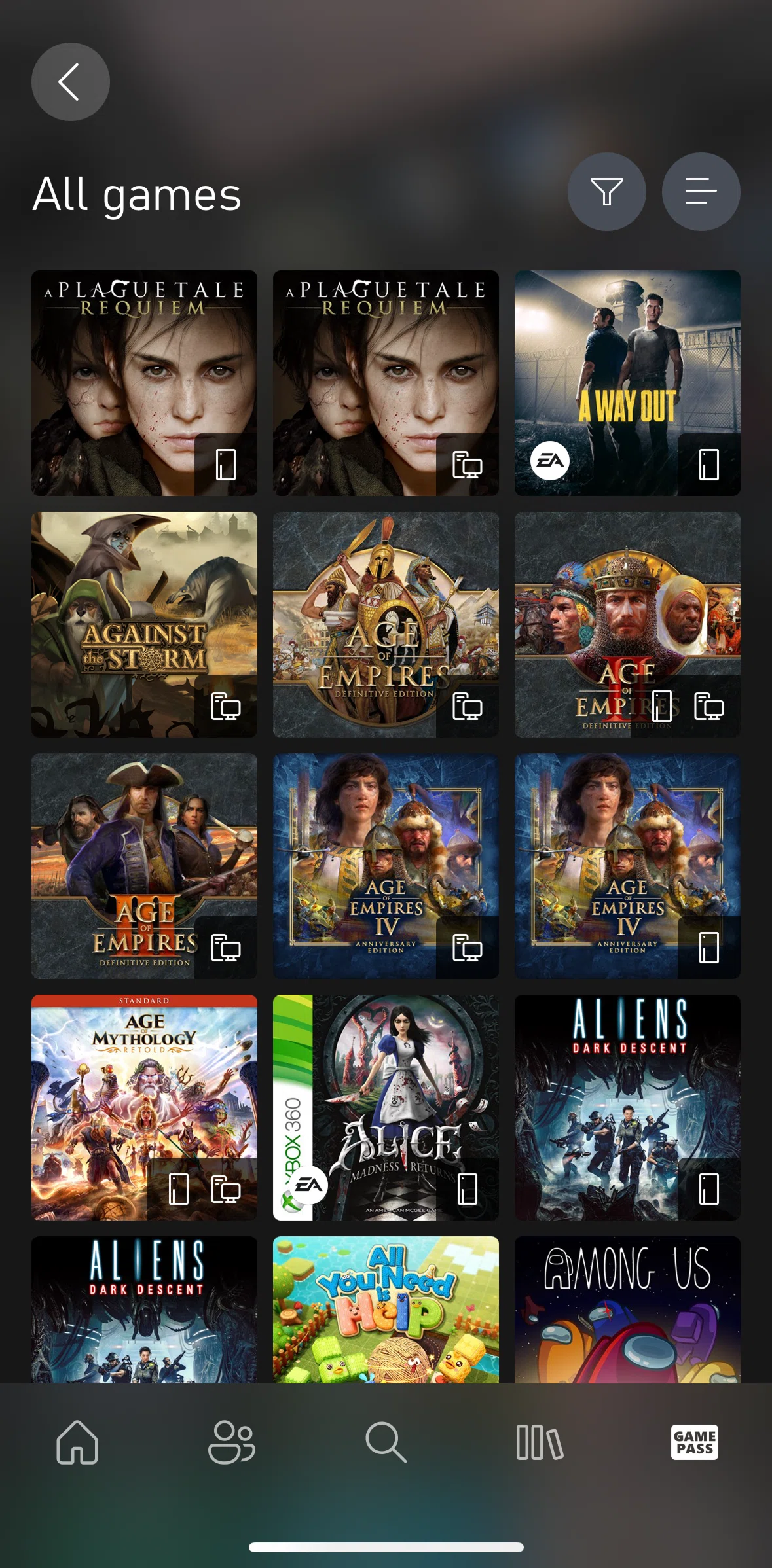 Xbox Screen screen in the Filtering games flow