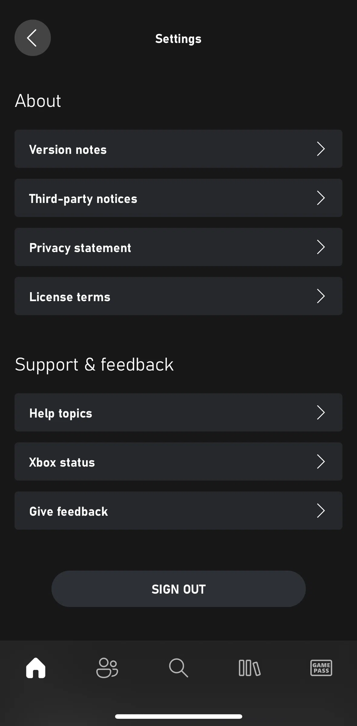 Xbox Screen screen in the Help topics flow