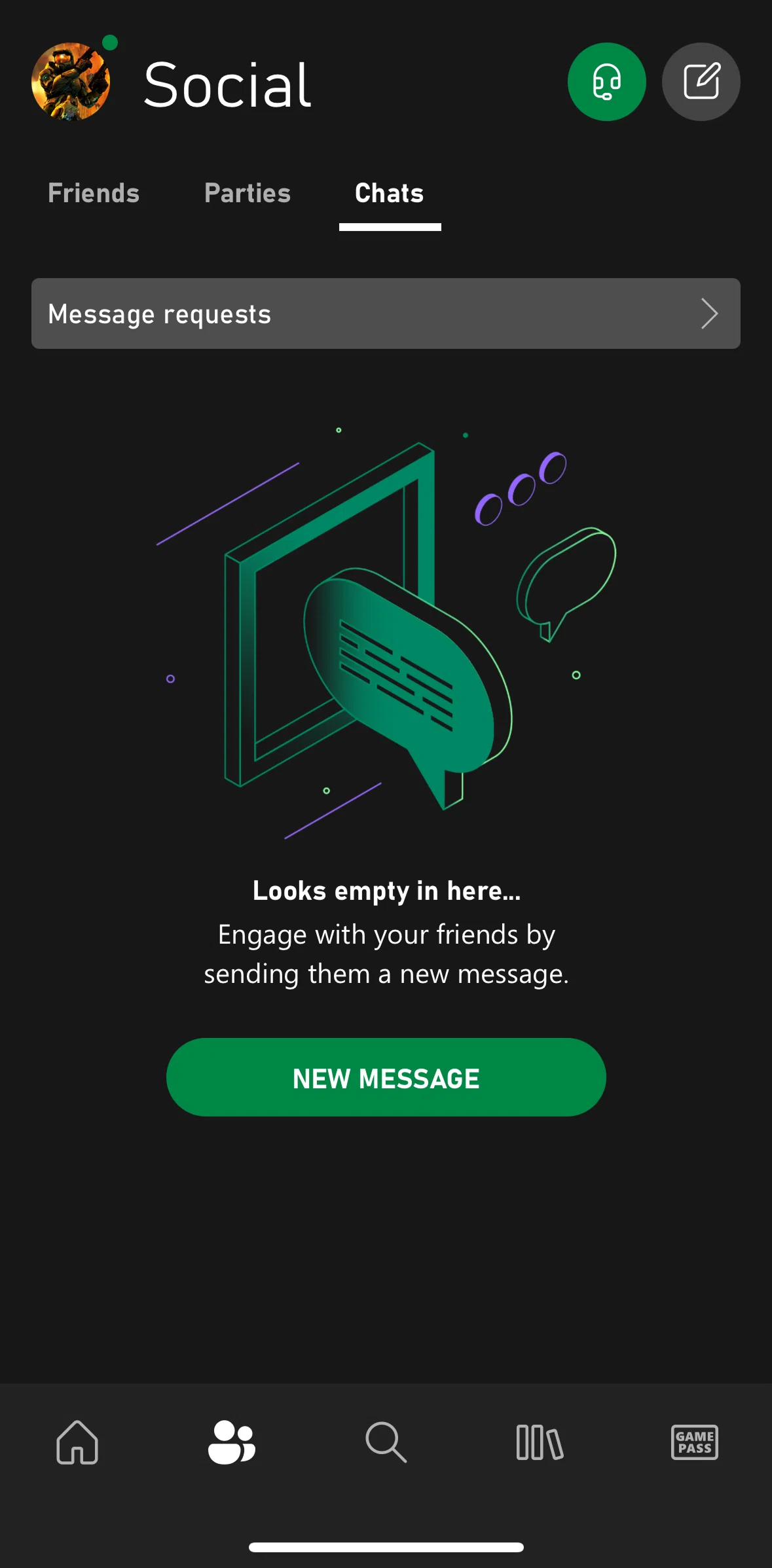 Xbox Screen screen in the Message requests flow
