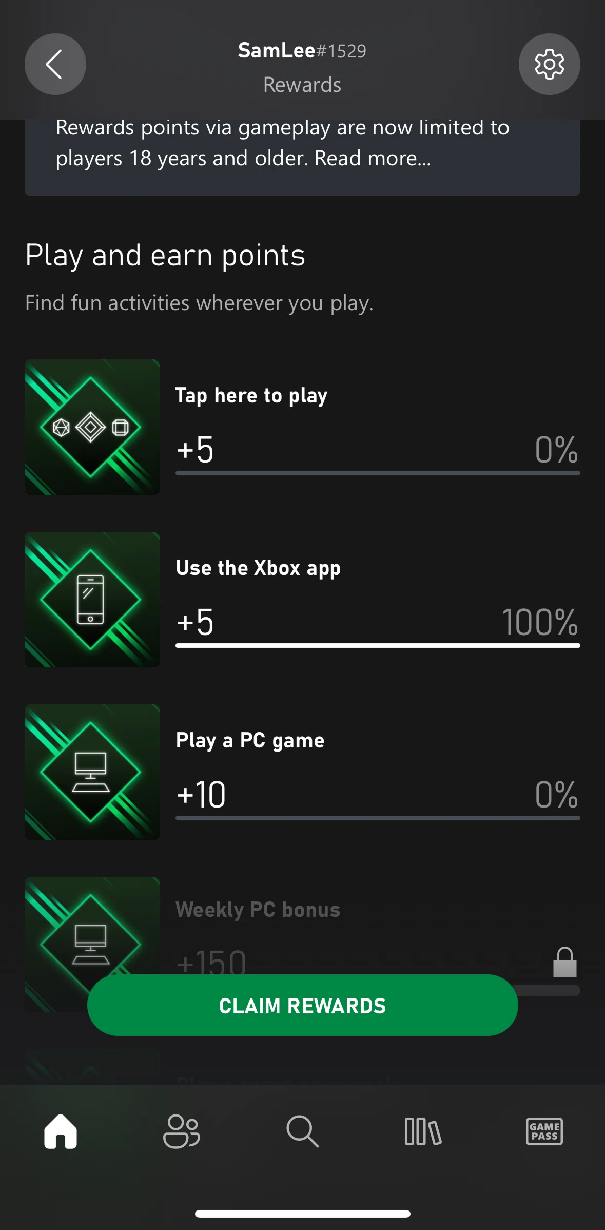 Xbox Screen screen in the Points detail flow