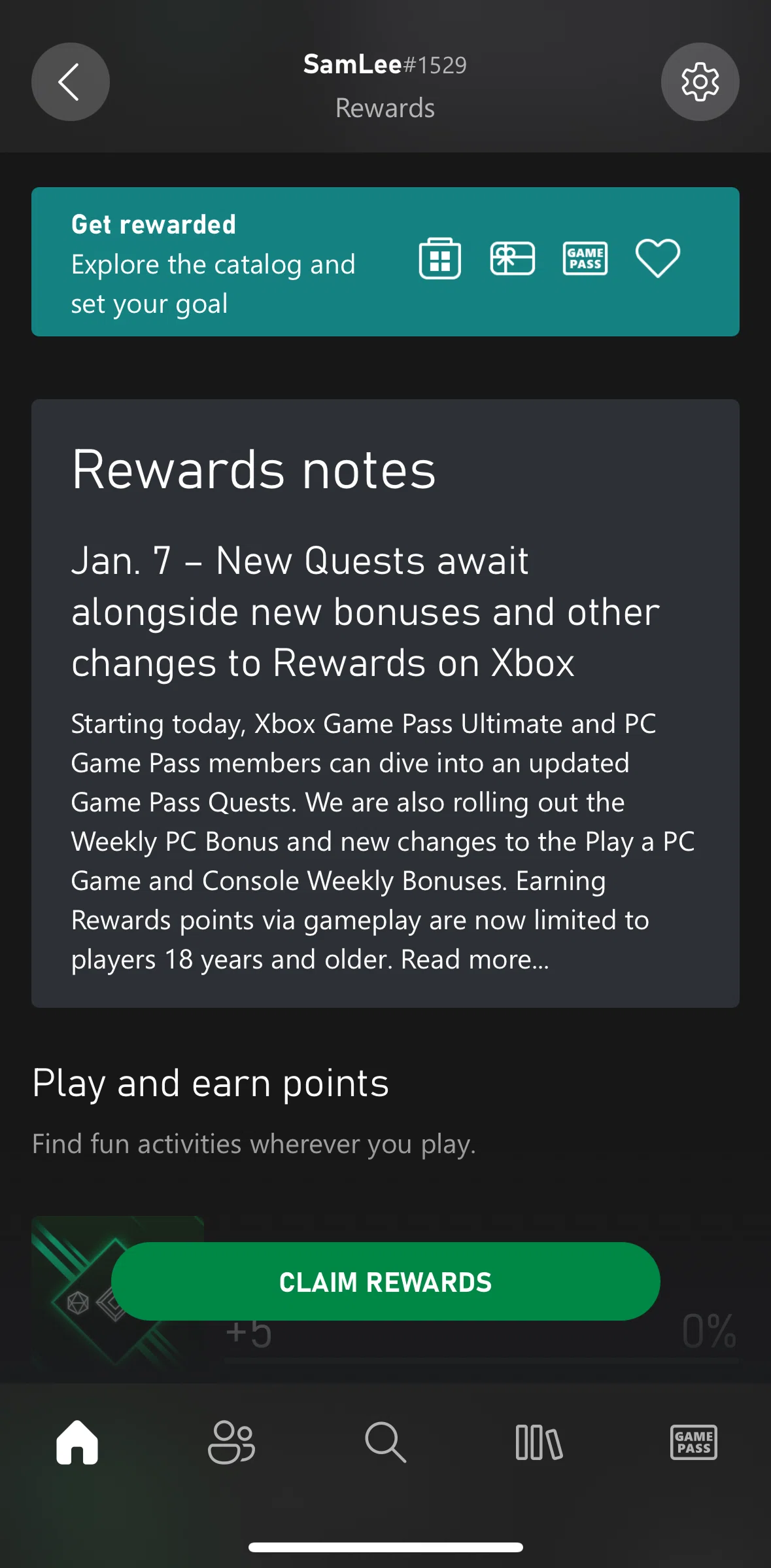 Xbox Screen screen in the Rewards notes flow