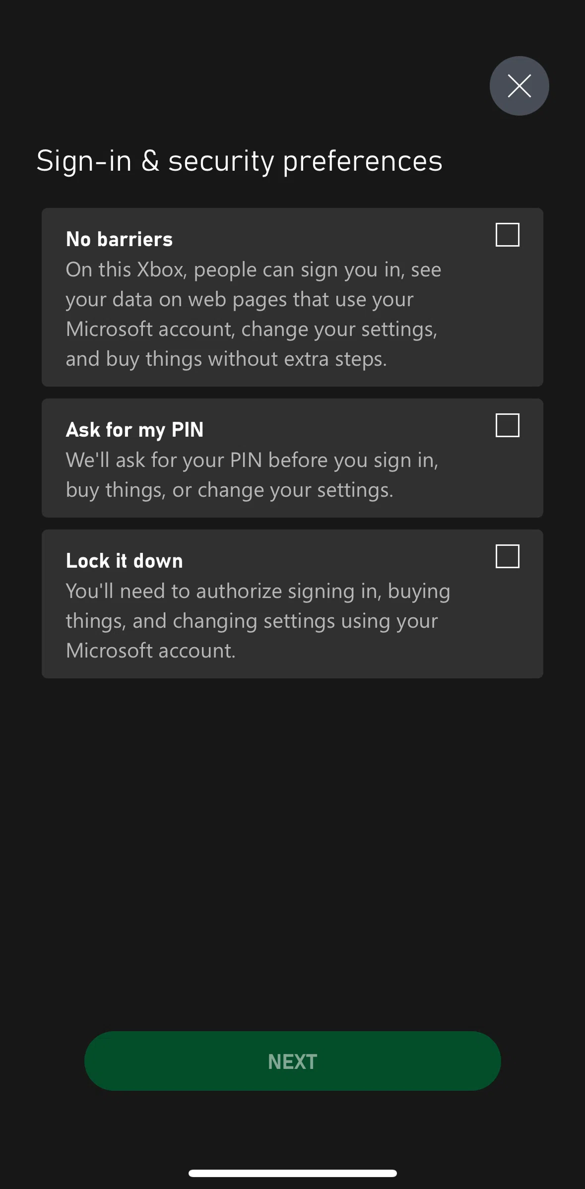 Xbox Screen screen in the Setting up security preferences flow