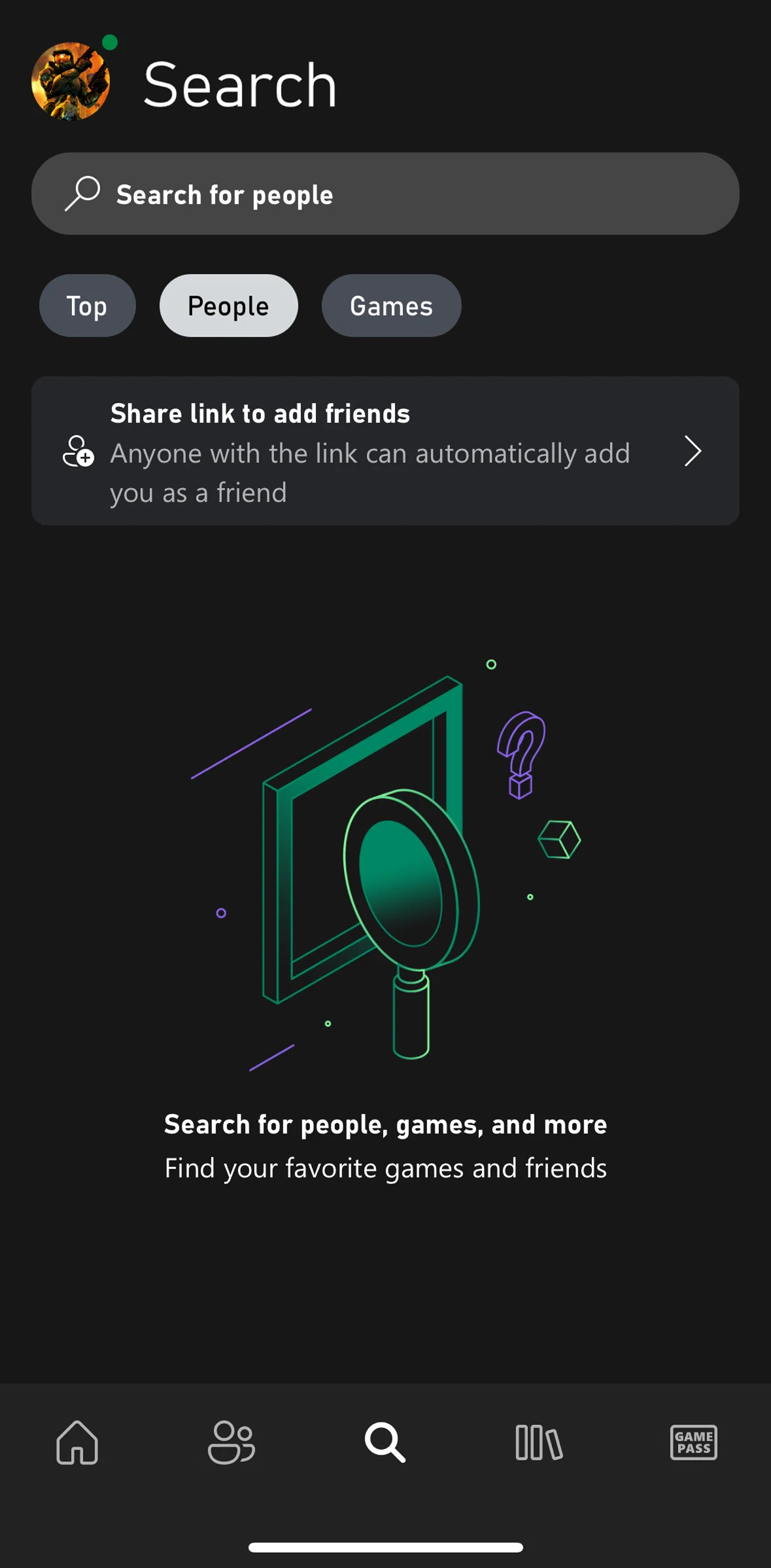 Xbox Screen screen in the Share link with friends flow