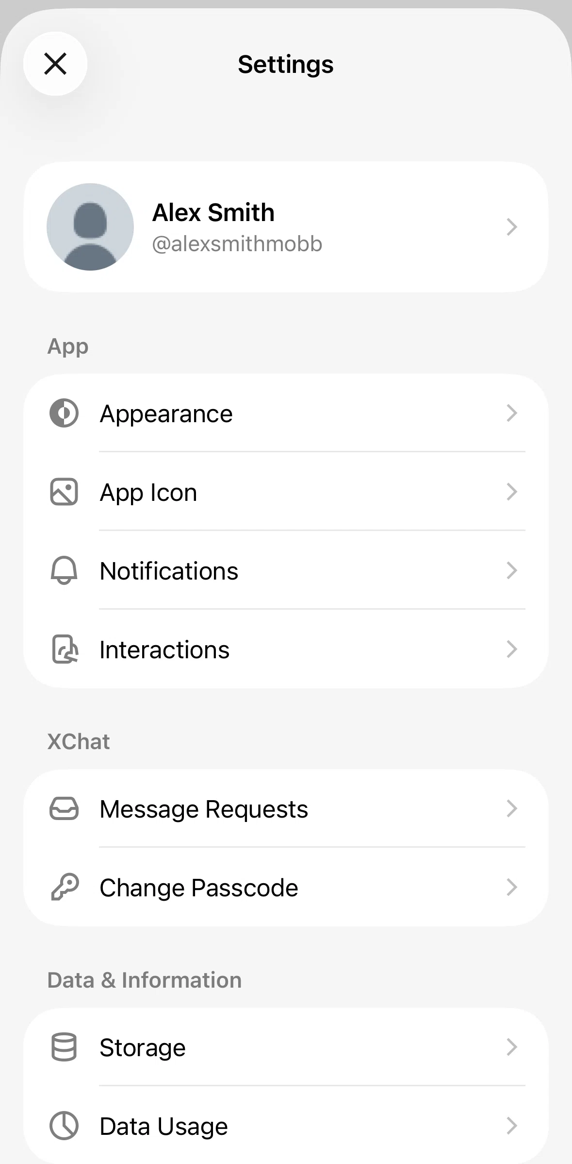 XChat Screen screen in the Account flow