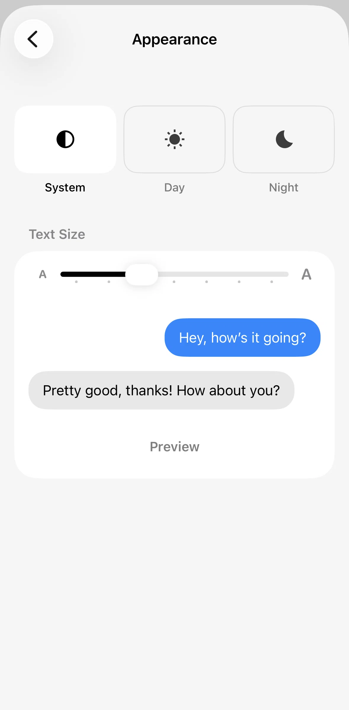 XChat Screen screen in the Changing text size flow