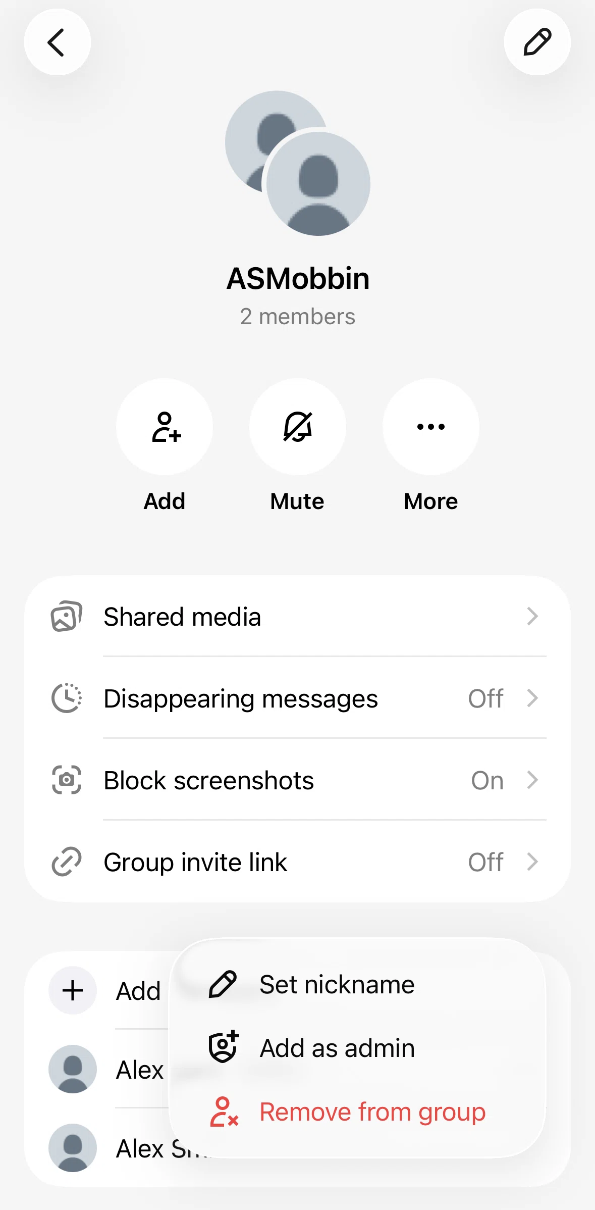 XChat Screen screen in the Removing a user from group flow