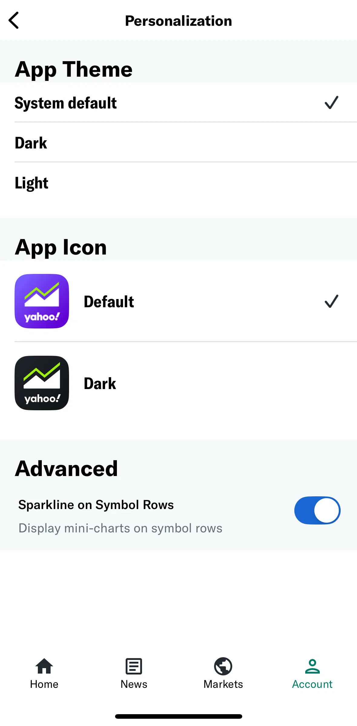 Yahoo Finance Screen screen in the Changing app icon flow