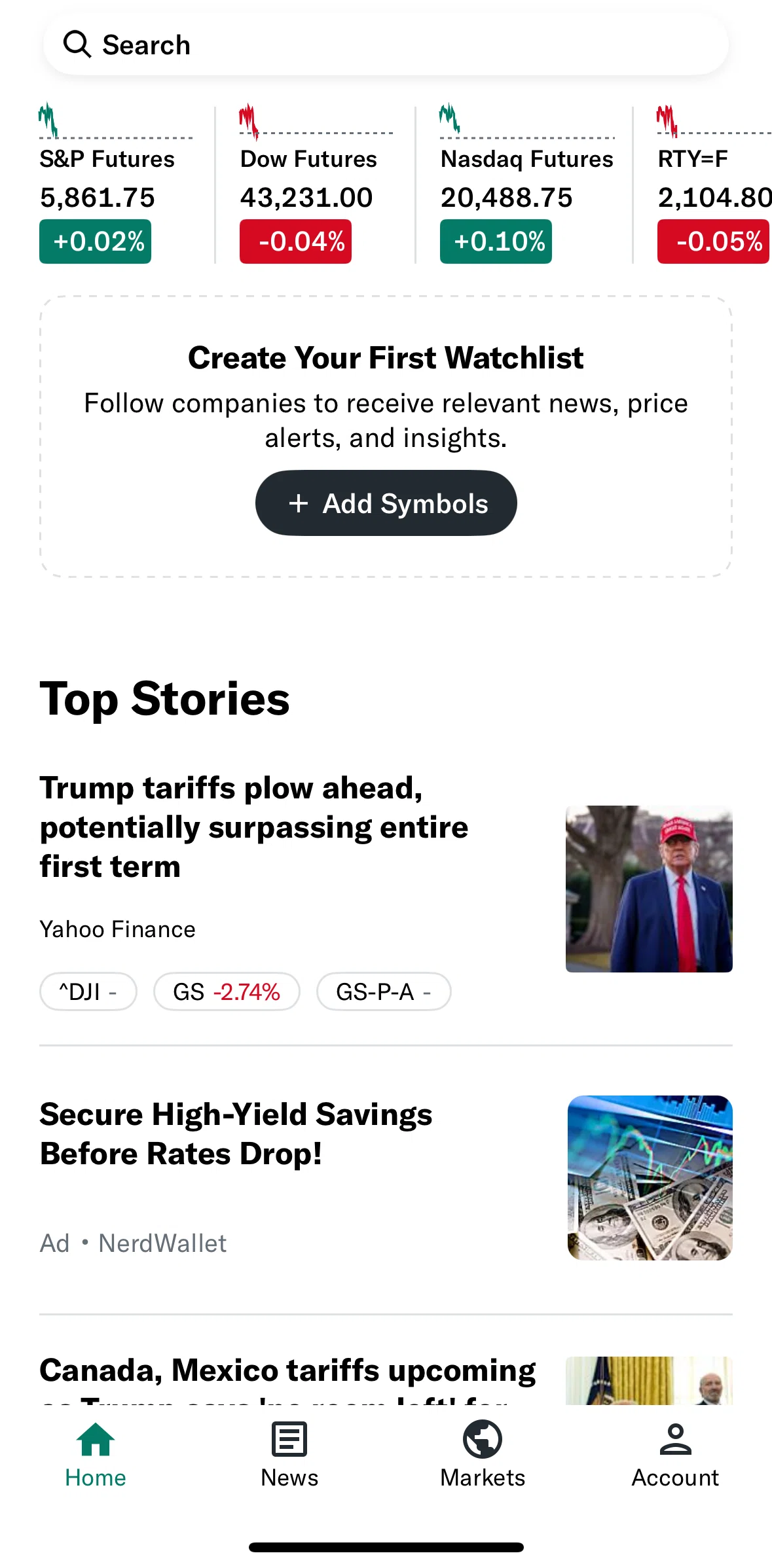 Yahoo Finance Screen screen in the Creating a watchlist flow