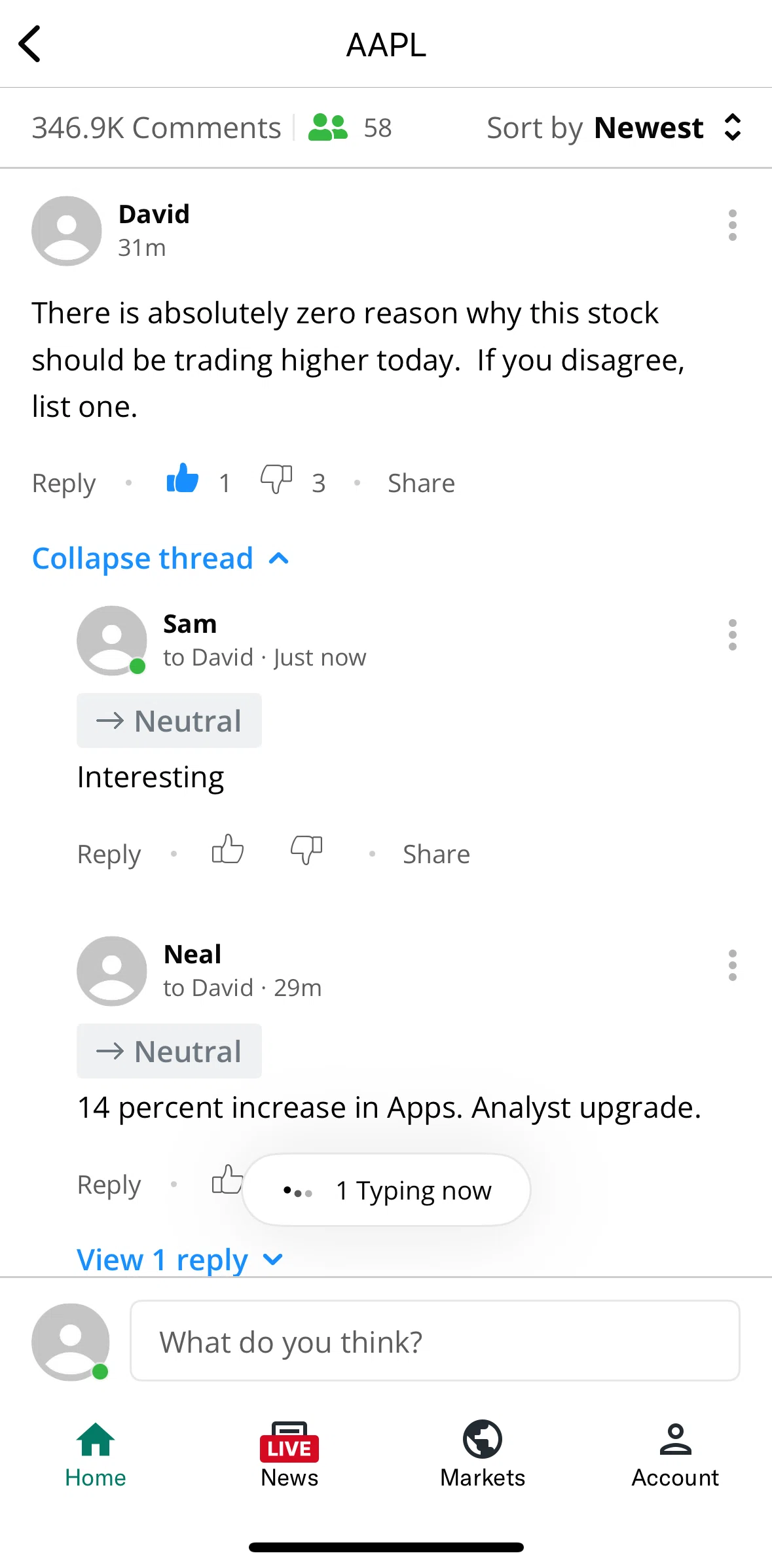 Yahoo Finance Screen screen in the Deleting a comment flow