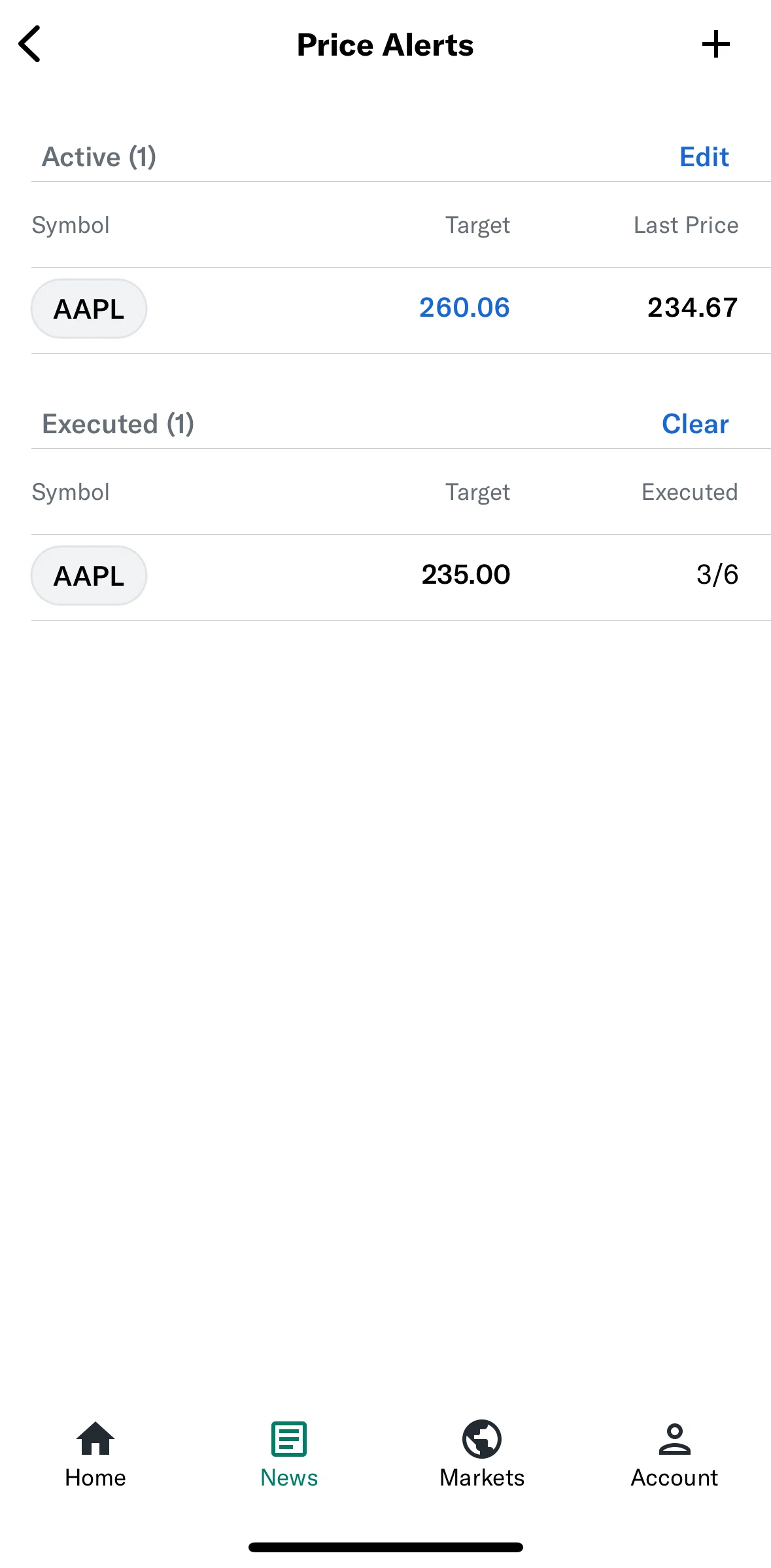 Yahoo Finance Screen screen in the Deleting price alerts flow