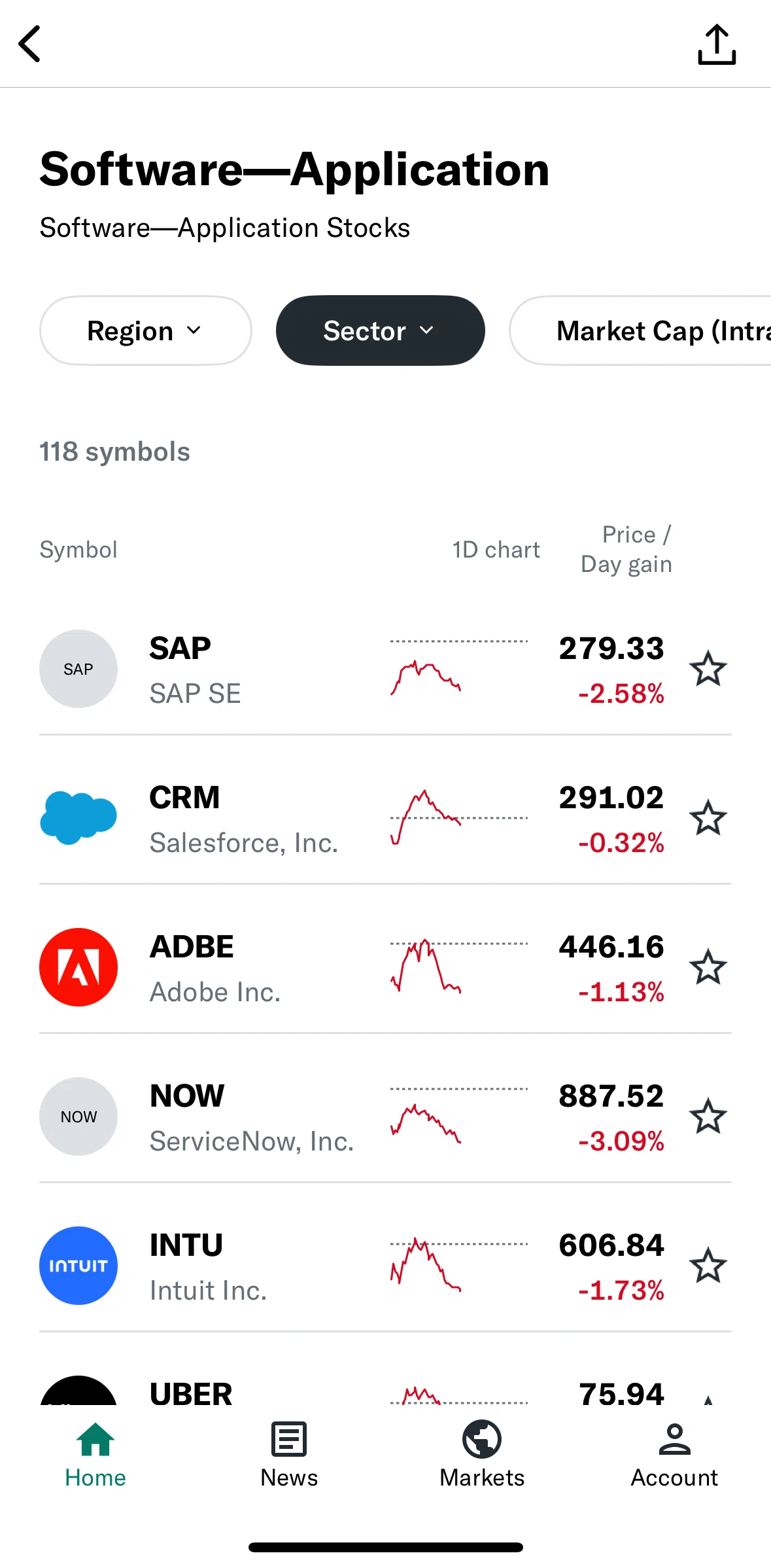 Yahoo Finance Screen screen in the Filtering lists flow