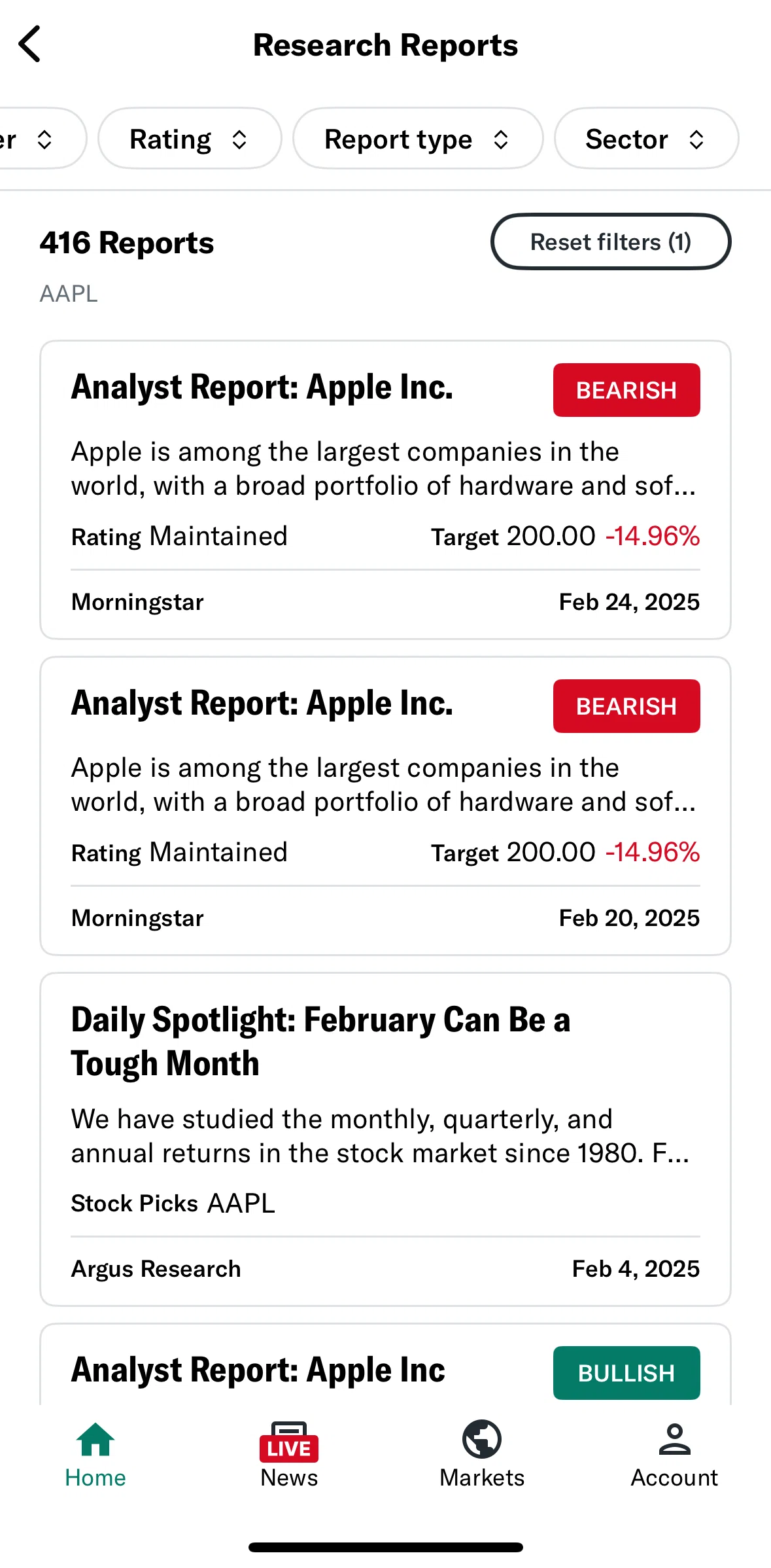 Yahoo Finance Screen screen in the Filtering reports flow