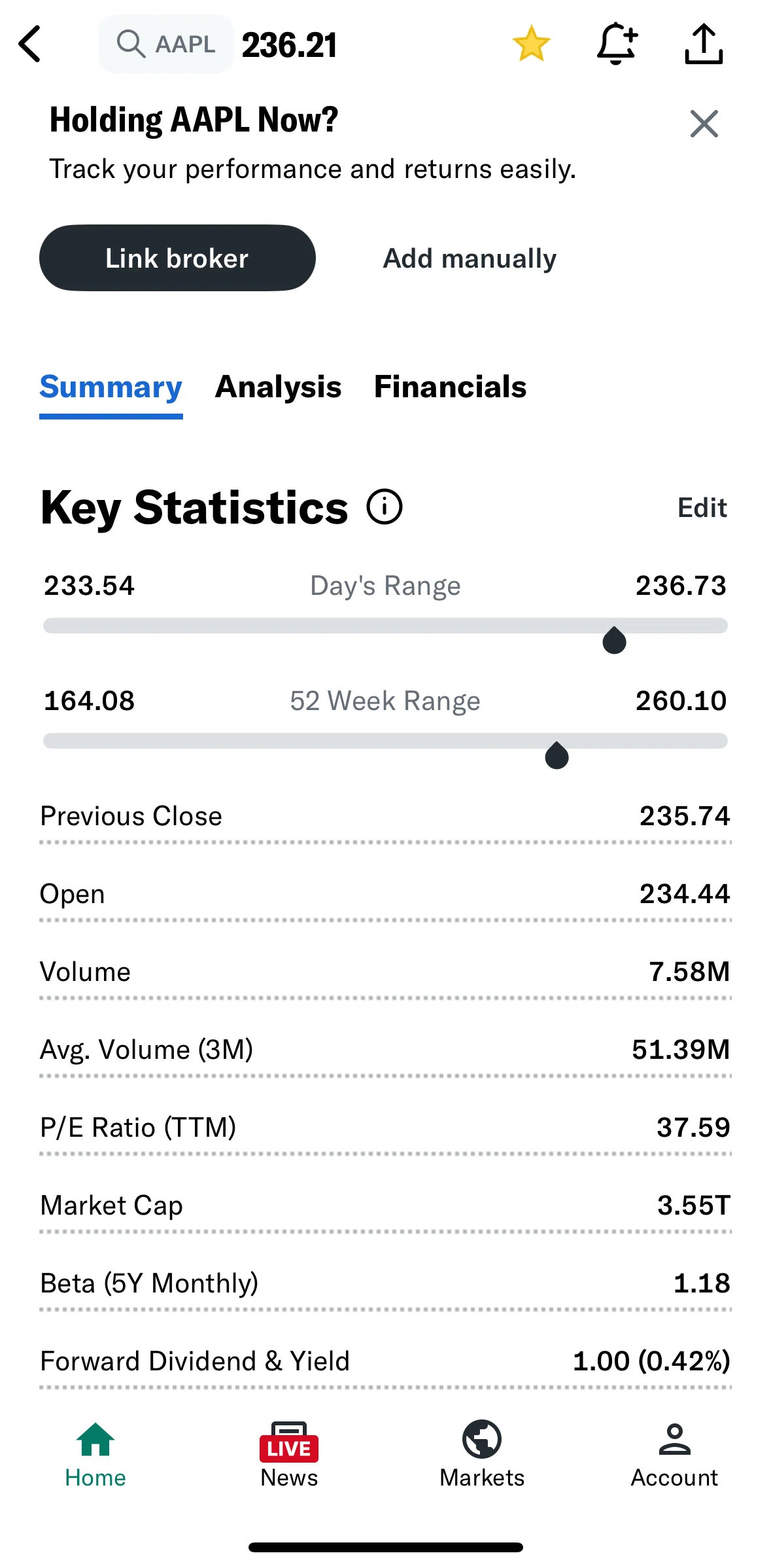 Yahoo Finance Screen screen in the Link a broker flow